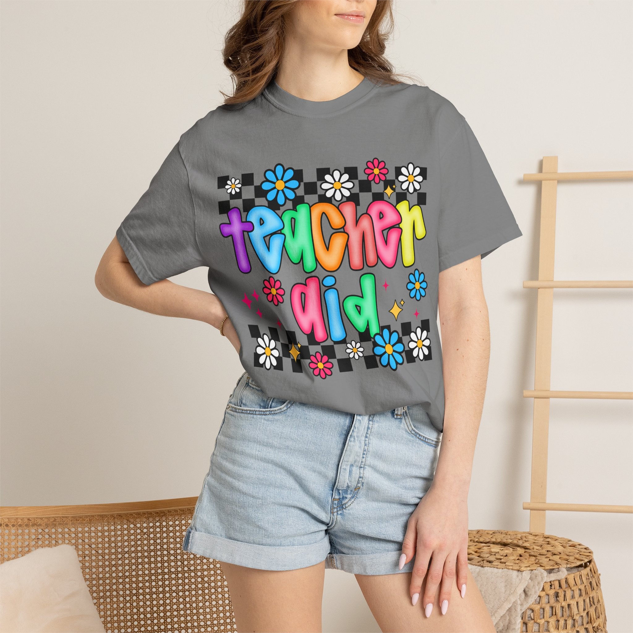 Teacher Aid T-Shirt — Colorful Retro Flower Checkerboard Design