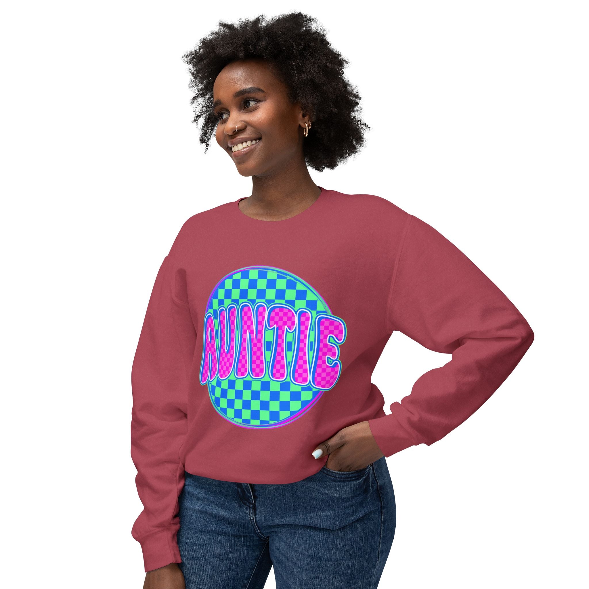 Auntie Graphic Sweatshirt — Retro Checkerboard Neon Design