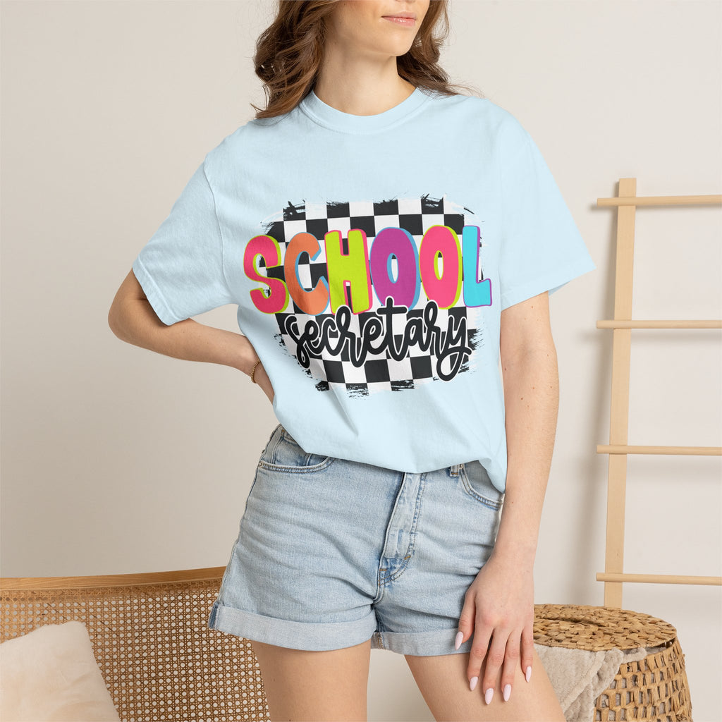 School Secretary T-Shirt — Retro Checkerboard Design