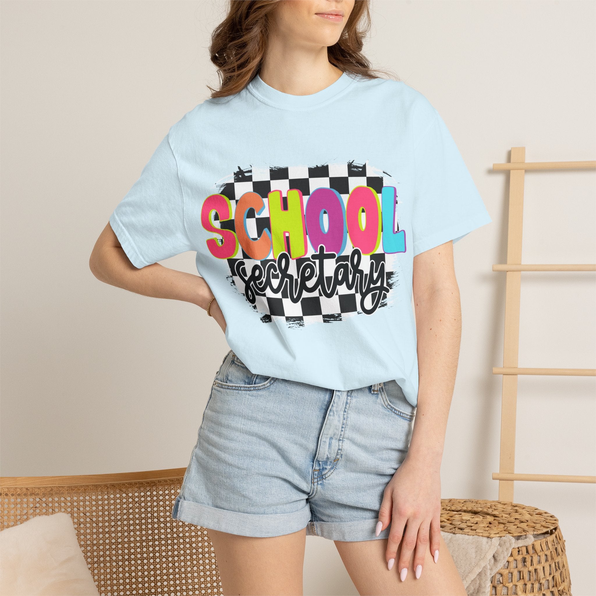 School Secretary T-Shirt — Retro Checkerboard Design