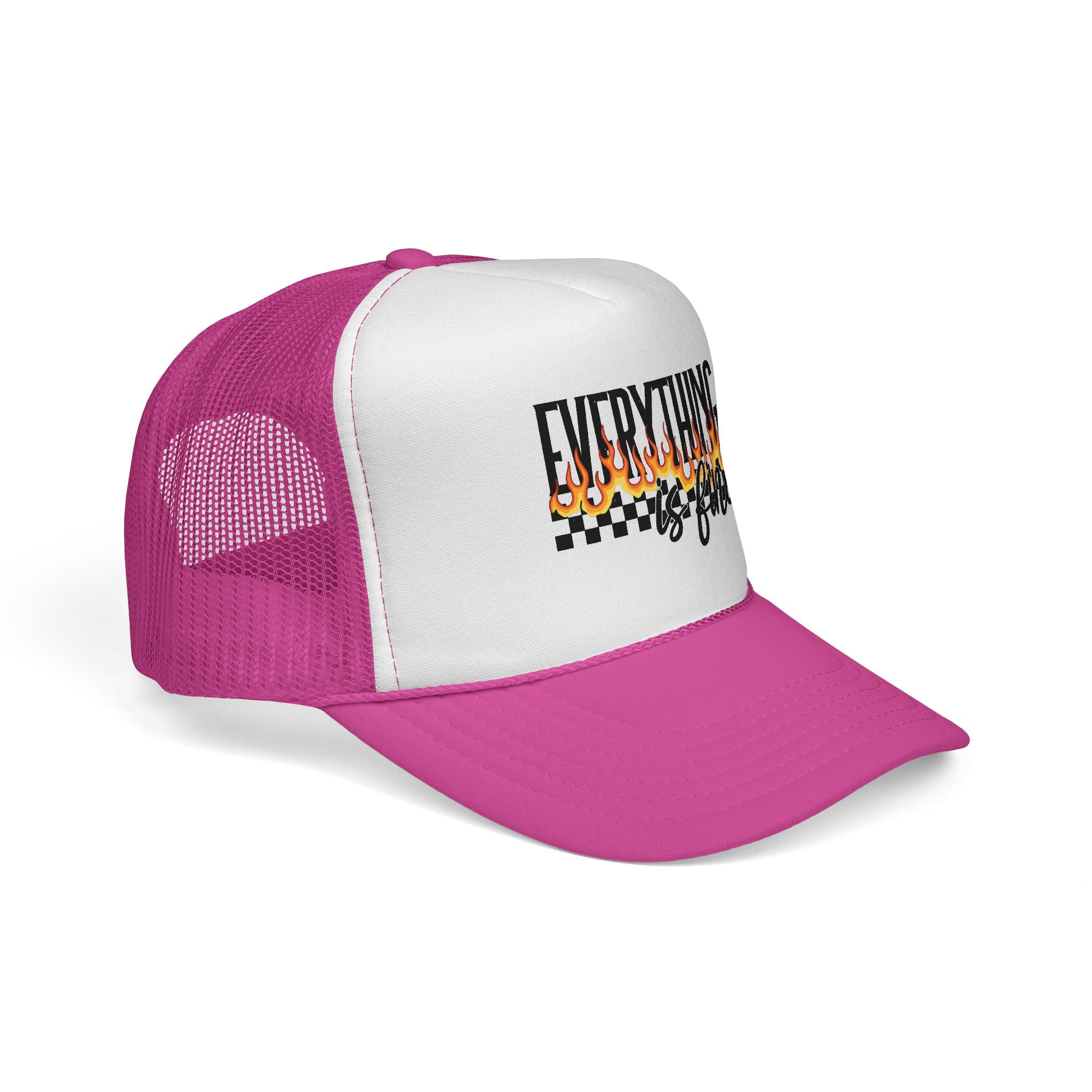 Everything Is Fine Trucker Cap — Retro Flames & Checkerboard Snapback