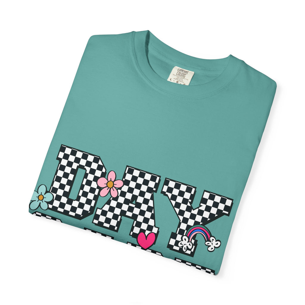 Day Care Checkerboard T‑Shirt — Playful Smiley & Floral Kids Graphic Tee
