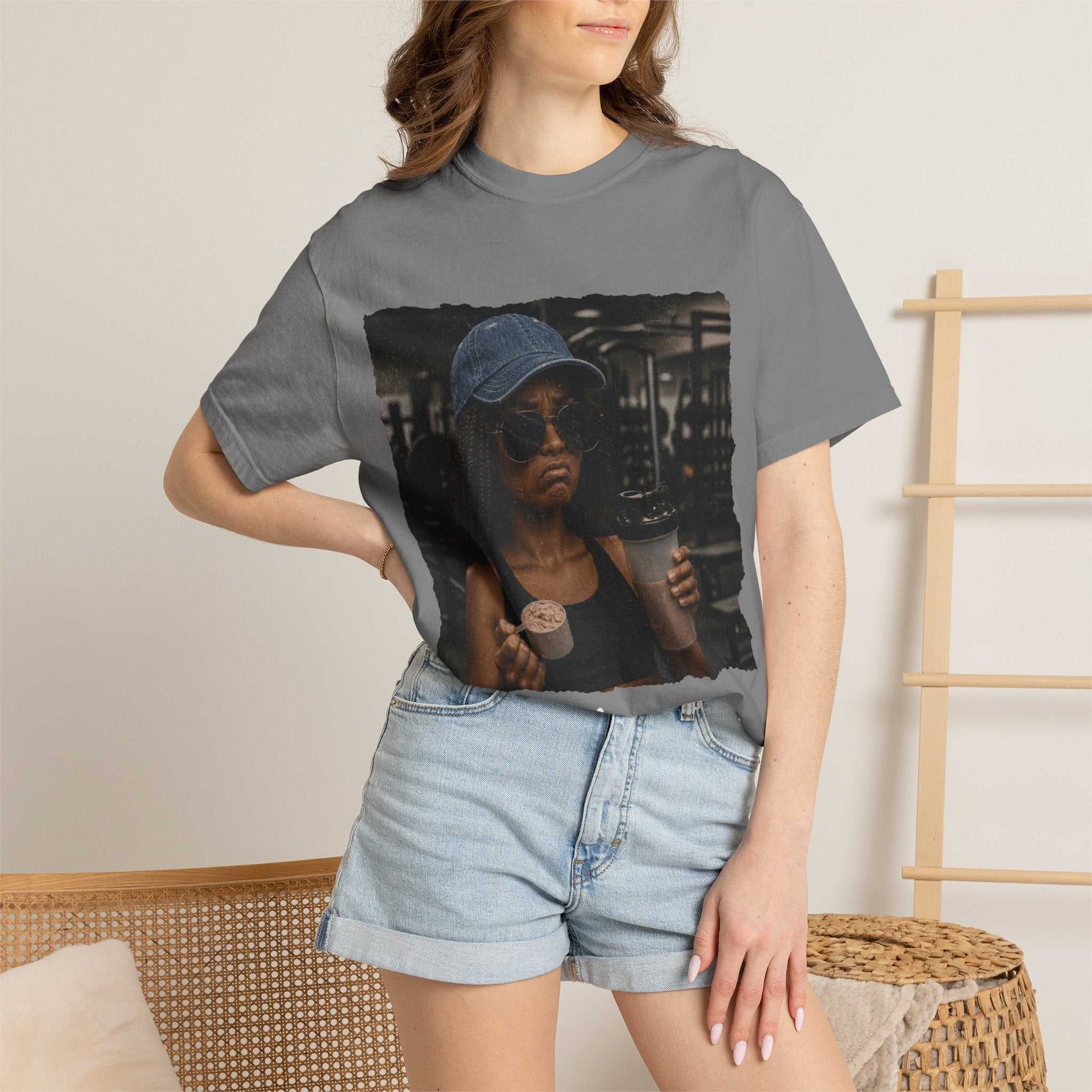 Photo Crop Tee — Woman Wearing Cap & Sunglasses Holding Coffee