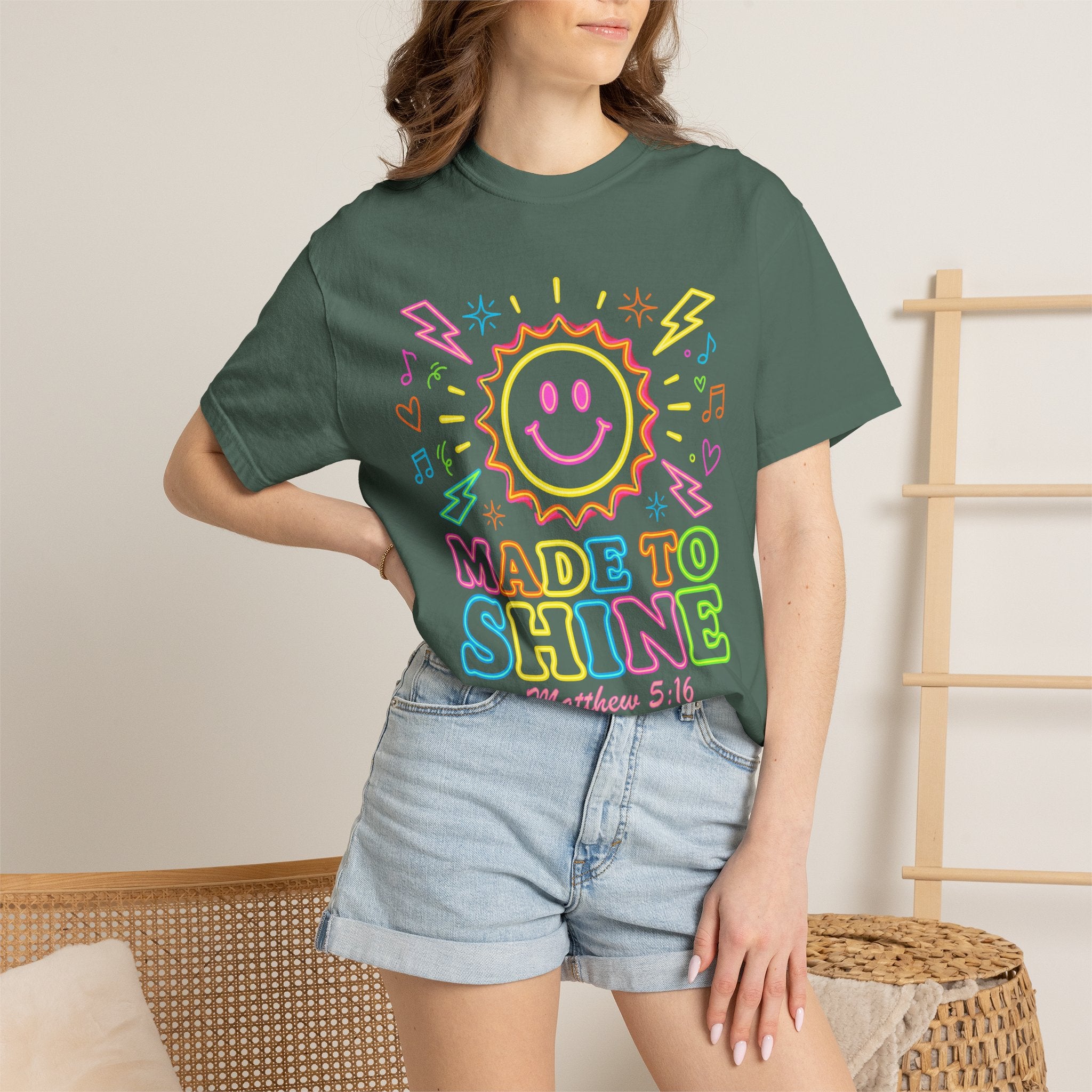 Made to Shine T‑Shirt — Pastel Smiley Sun Christian Graphic (Matthew 5:16)