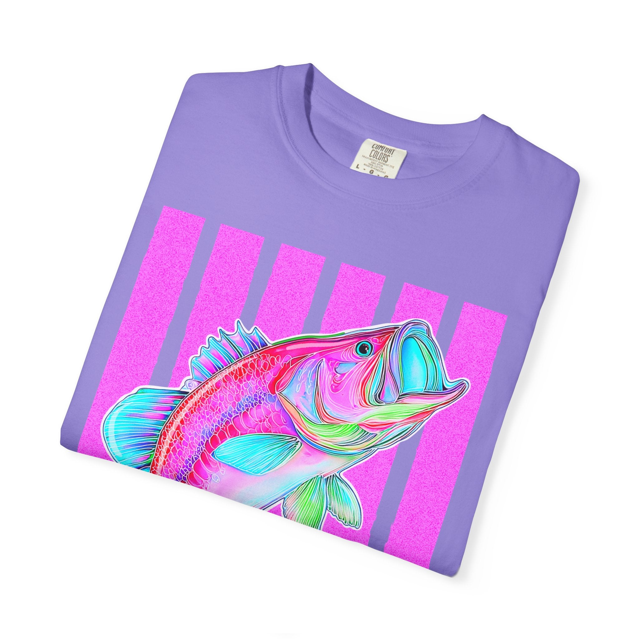 Neon Bass Fish T-Shirt — Retro Pink Stripe Fishing Tee