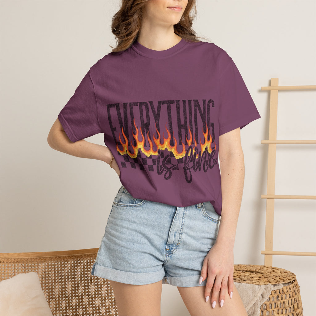 Everything Is Fine T-Shirt — Retro Flames & Checkerboard Graphic Tee