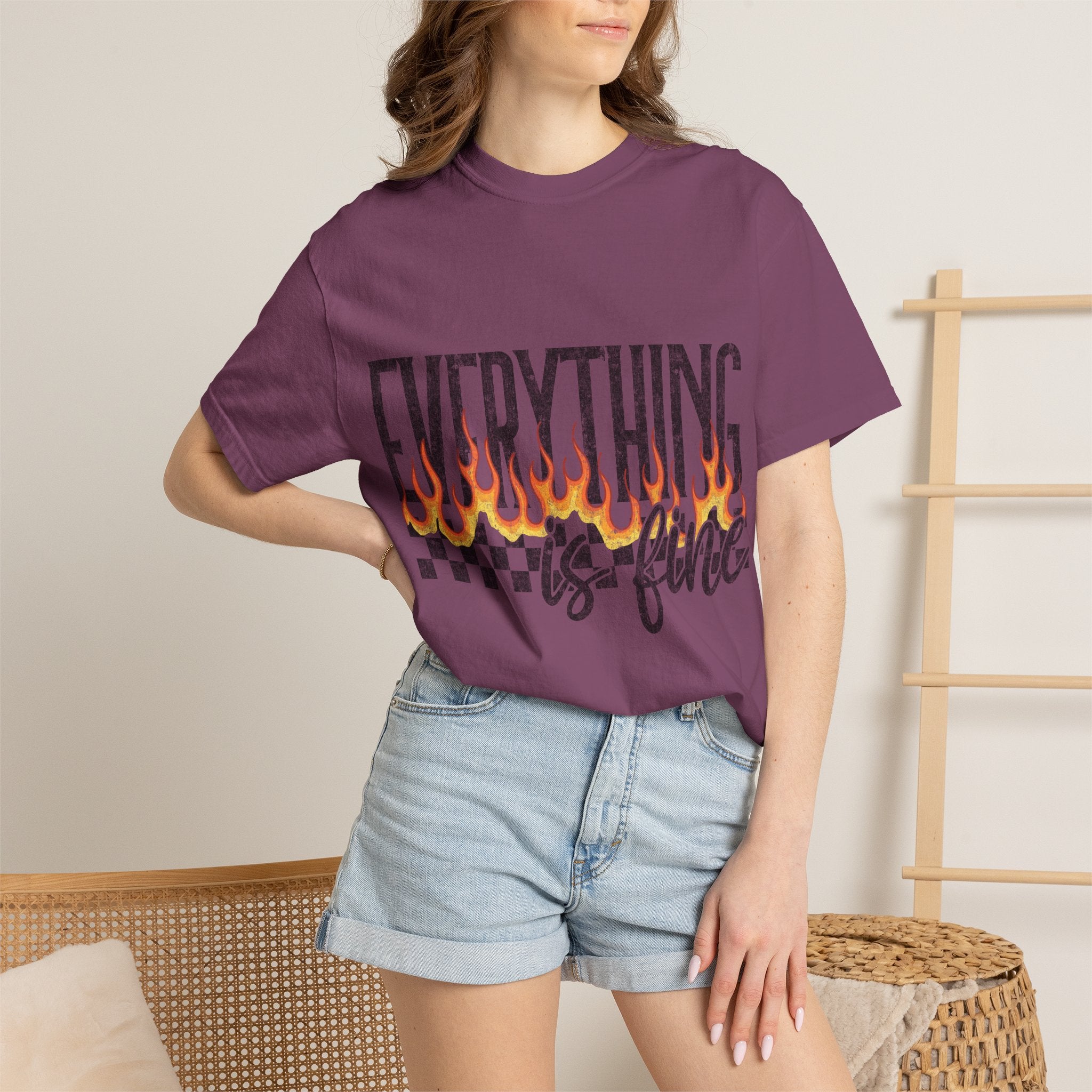 Everything Is Fine T-Shirt — Retro Flames & Checkerboard Graphic Tee