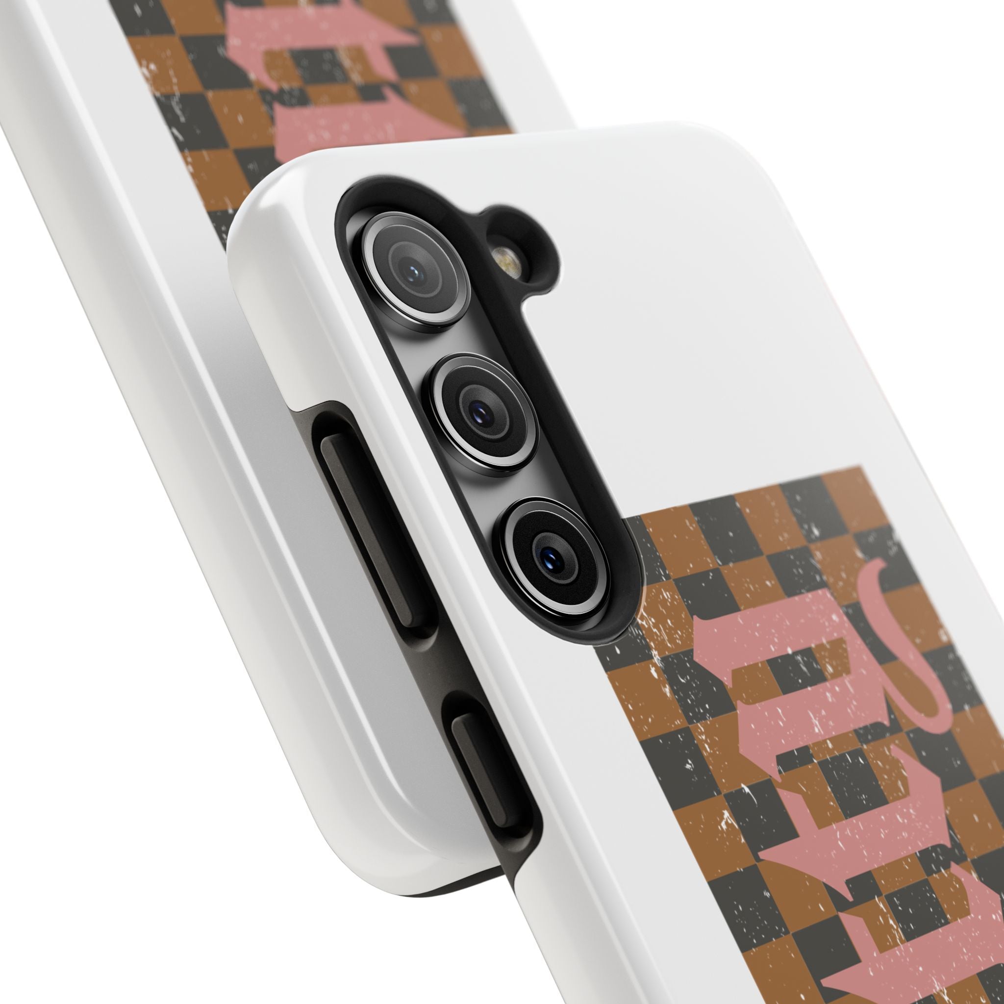 Checkerboard 'Tough' Retro Phone Case — Pink Gothic Text, Grunge Pattern