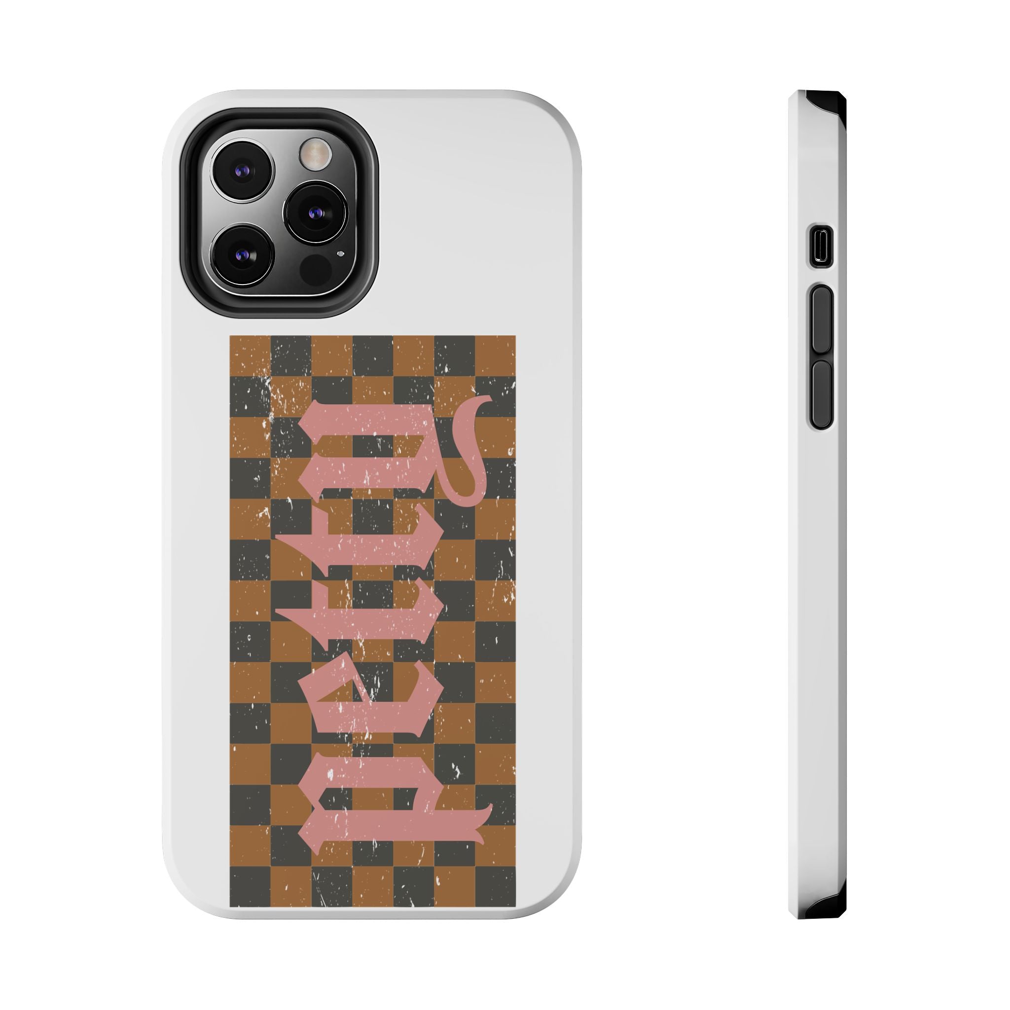 Checkerboard 'Tough' Retro Phone Case — Pink Gothic Text, Grunge Pattern