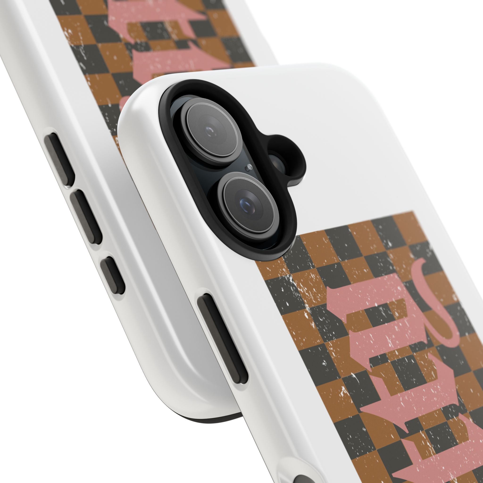 Checkerboard 'Tough' Retro Phone Case — Pink Gothic Text, Grunge Pattern