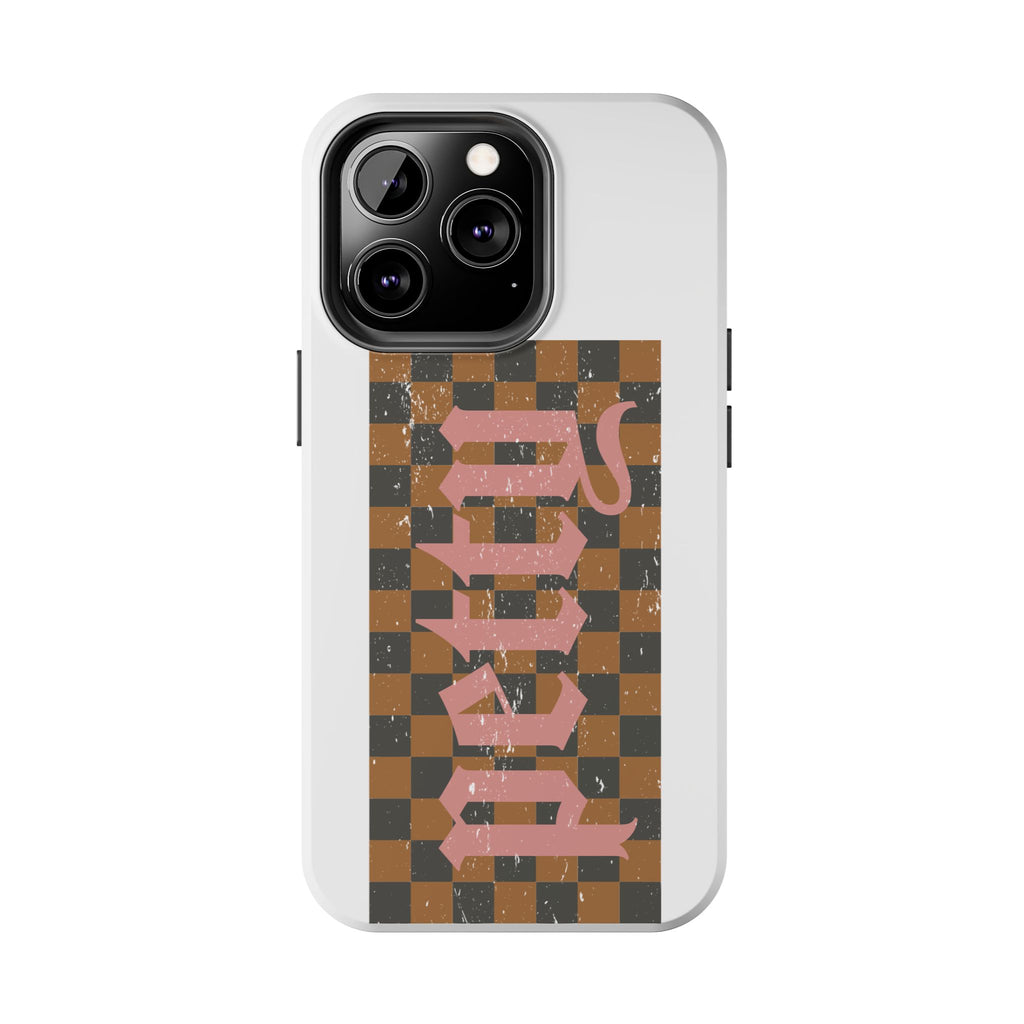 Checkerboard 'Tough' Retro Phone Case — Pink Gothic Text, Grunge Pattern