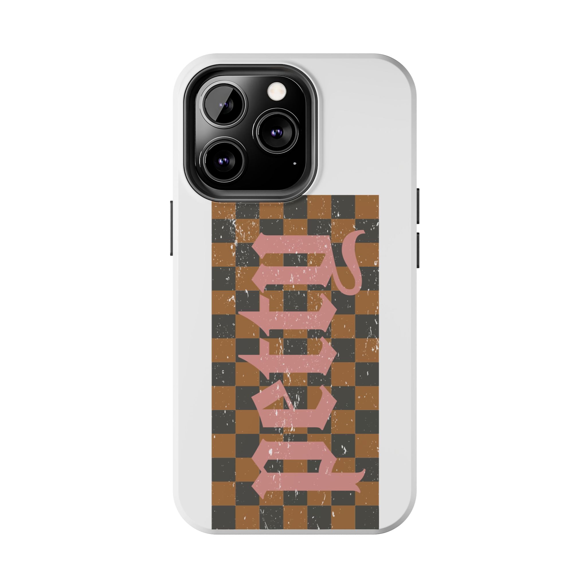Checkerboard 'Tough' Retro Phone Case — Pink Gothic Text, Grunge Pattern