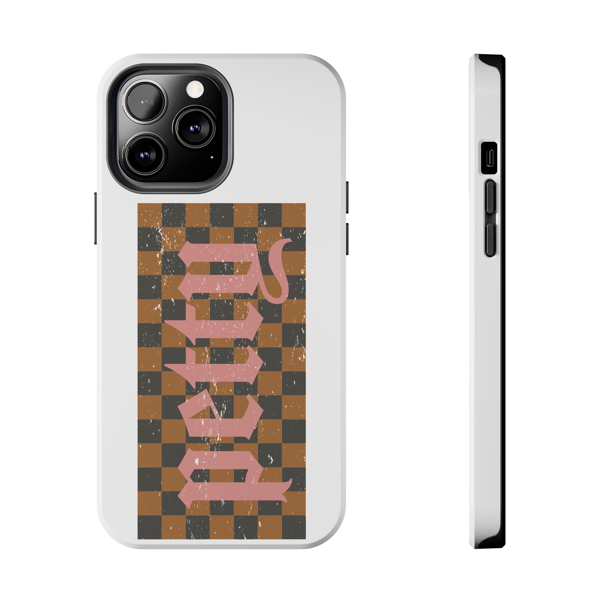 Checkerboard 'Tough' Retro Phone Case — Pink Gothic Text, Grunge Pattern