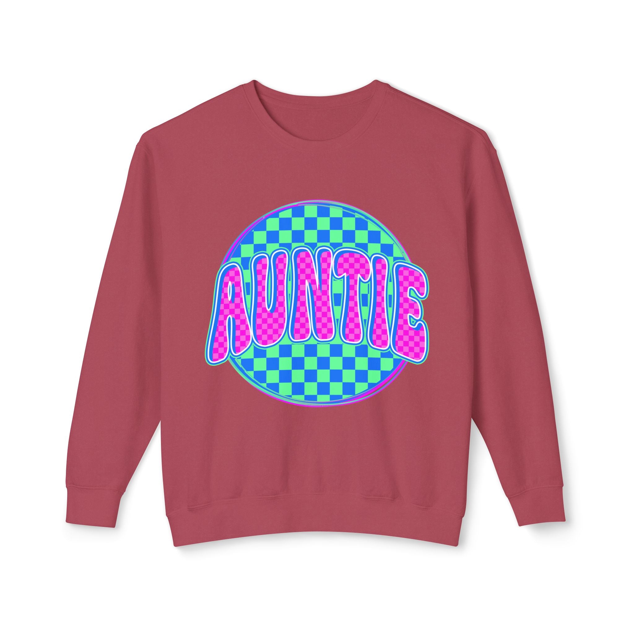 Auntie Graphic Sweatshirt — Retro Checkerboard Neon Design