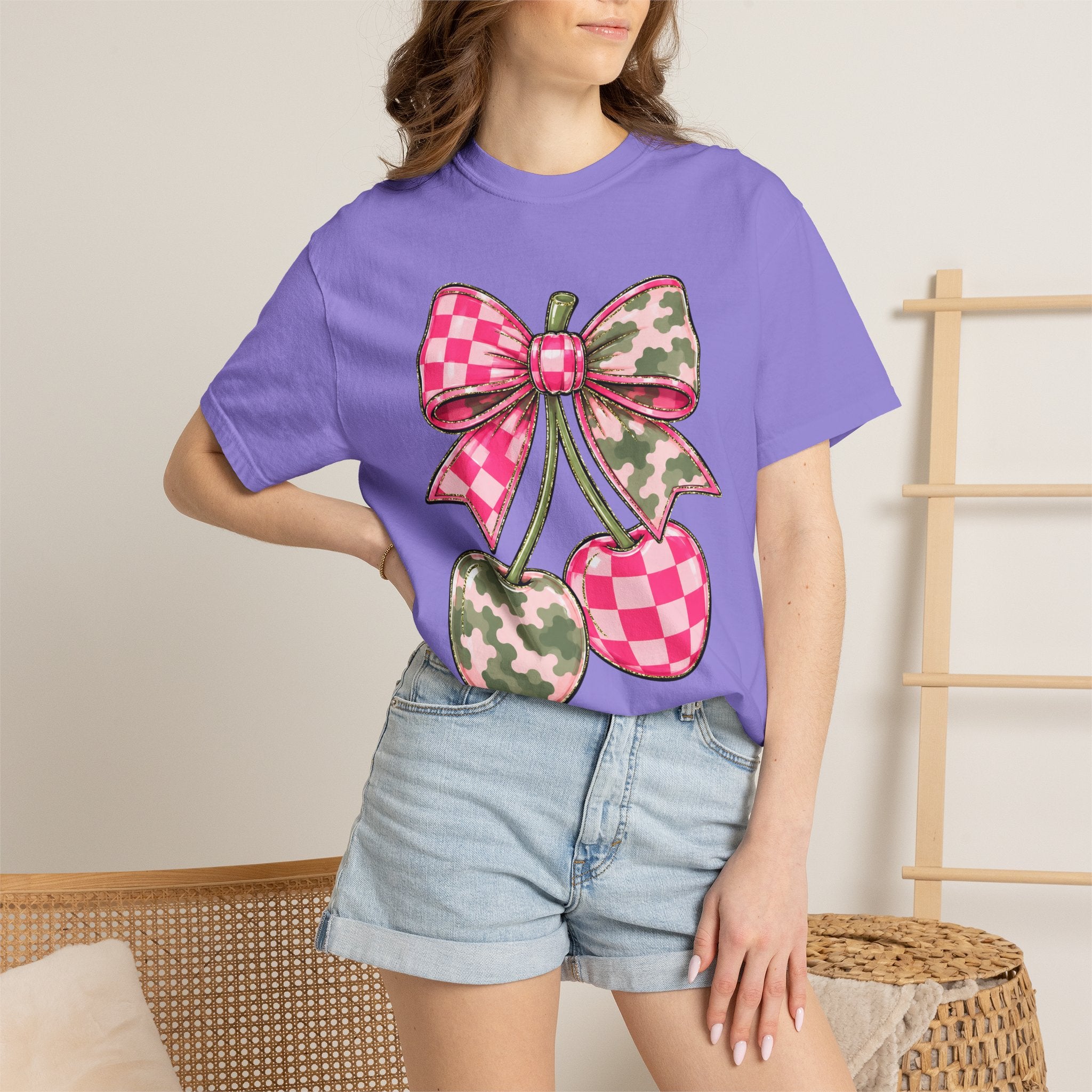 Pink Camo Checker Cherry Tee — Bow Graphic T-Shirt