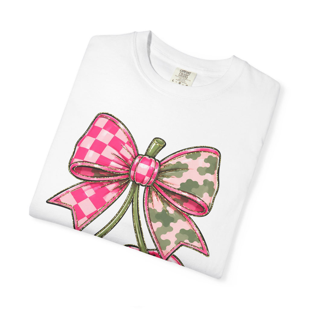 Pink Camo Checker Cherry Tee — Bow Graphic T-Shirt