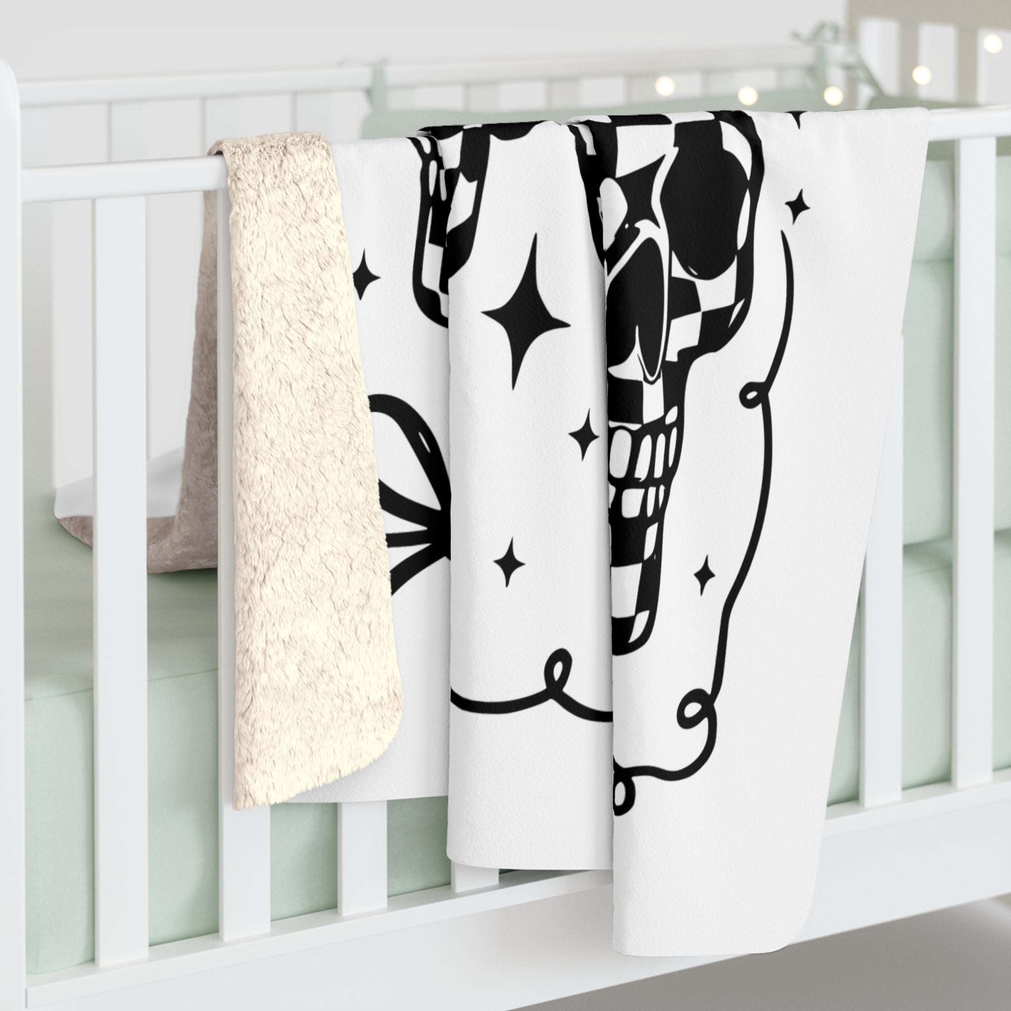 Checker Skull Sherpa Fleece Blanket — Black & White Gothic Cozy Throw