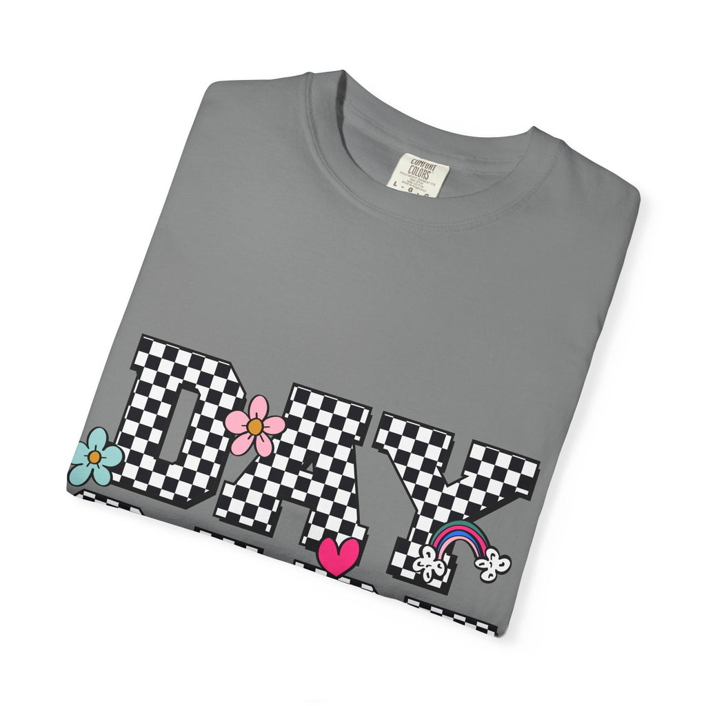 Day Care Checkerboard T‑Shirt — Playful Smiley & Floral Kids Graphic Tee