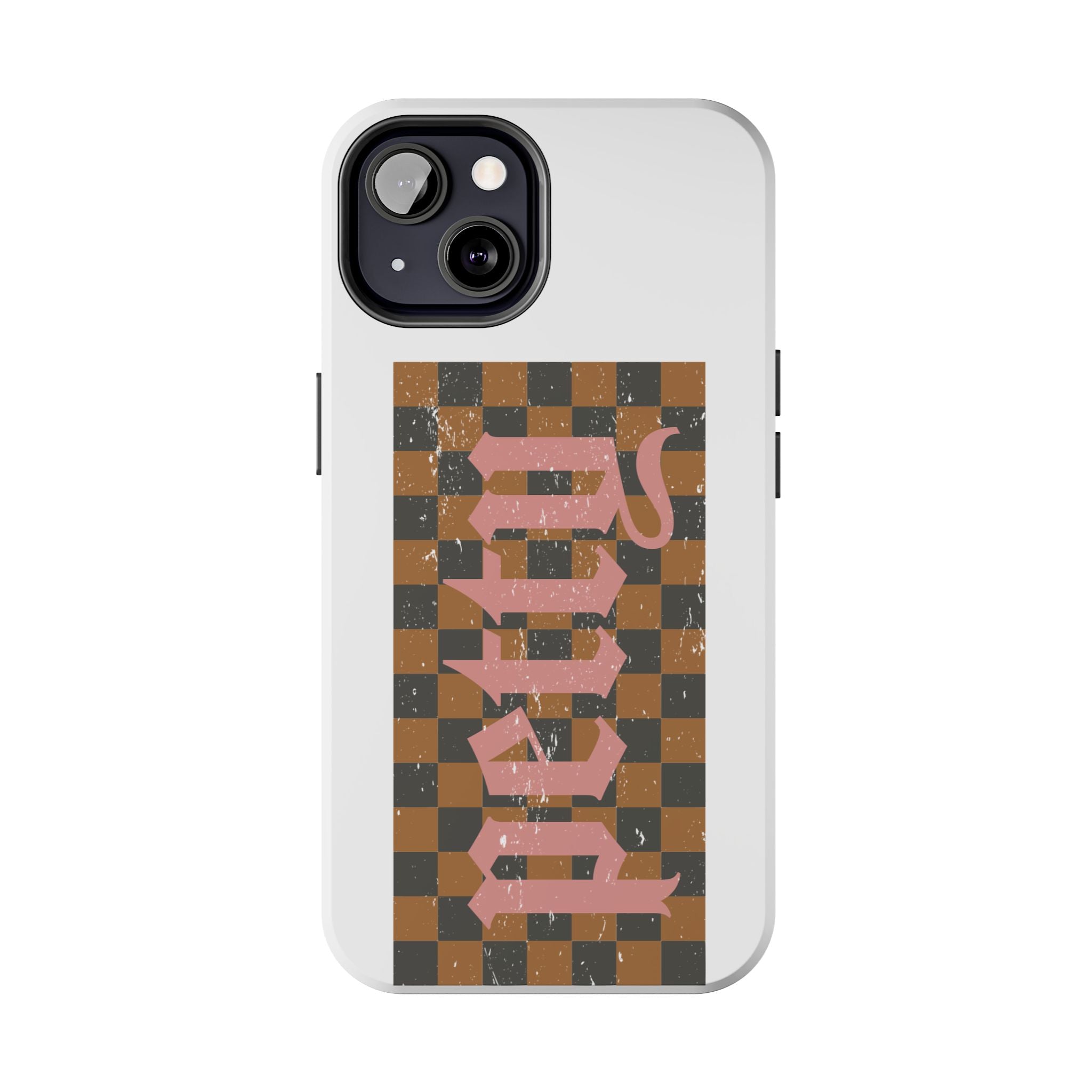 Checkerboard 'Tough' Retro Phone Case — Pink Gothic Text, Grunge Pattern