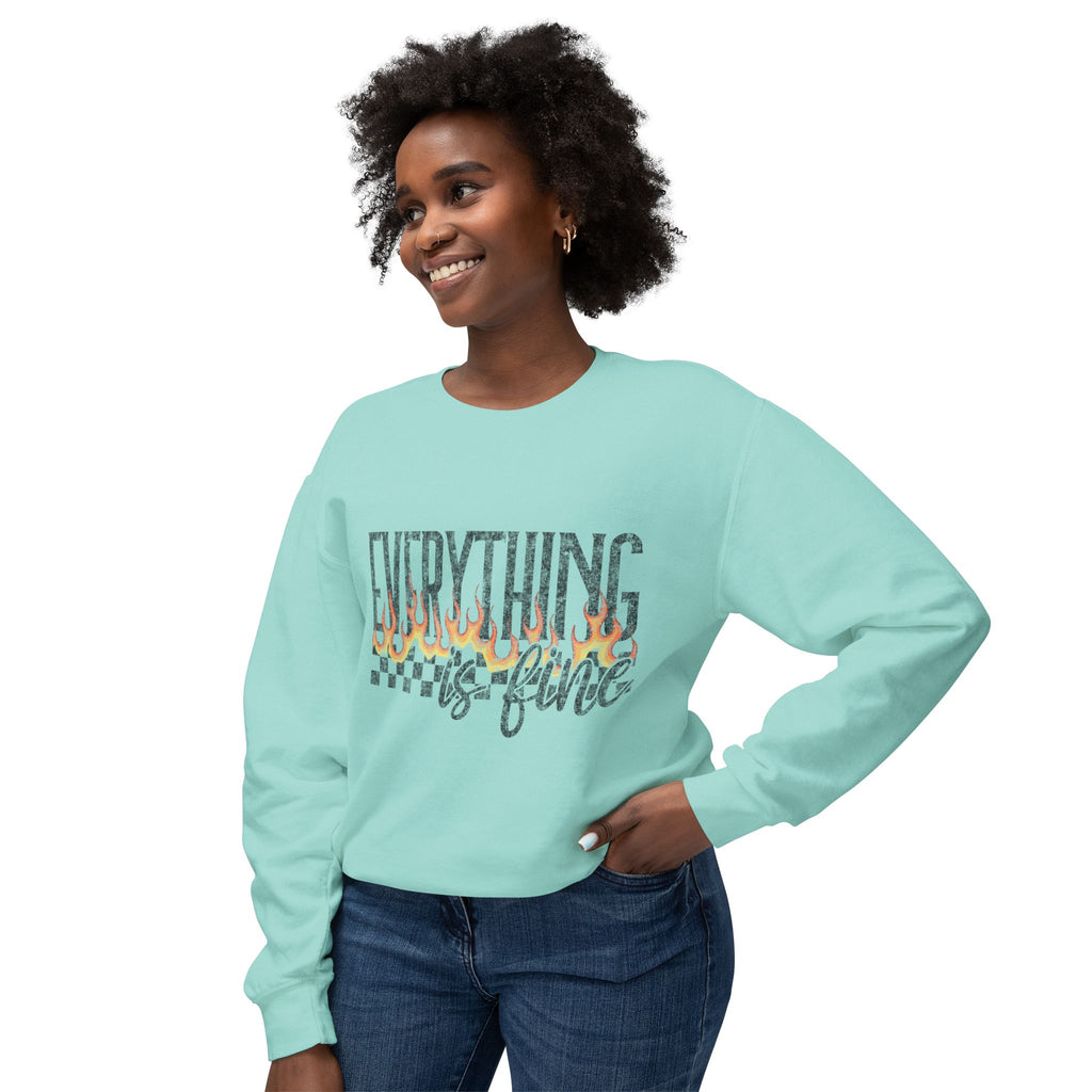 Everything Is Fine Crewneck Sweatshirt — Retro Flames & Checkered Graphic