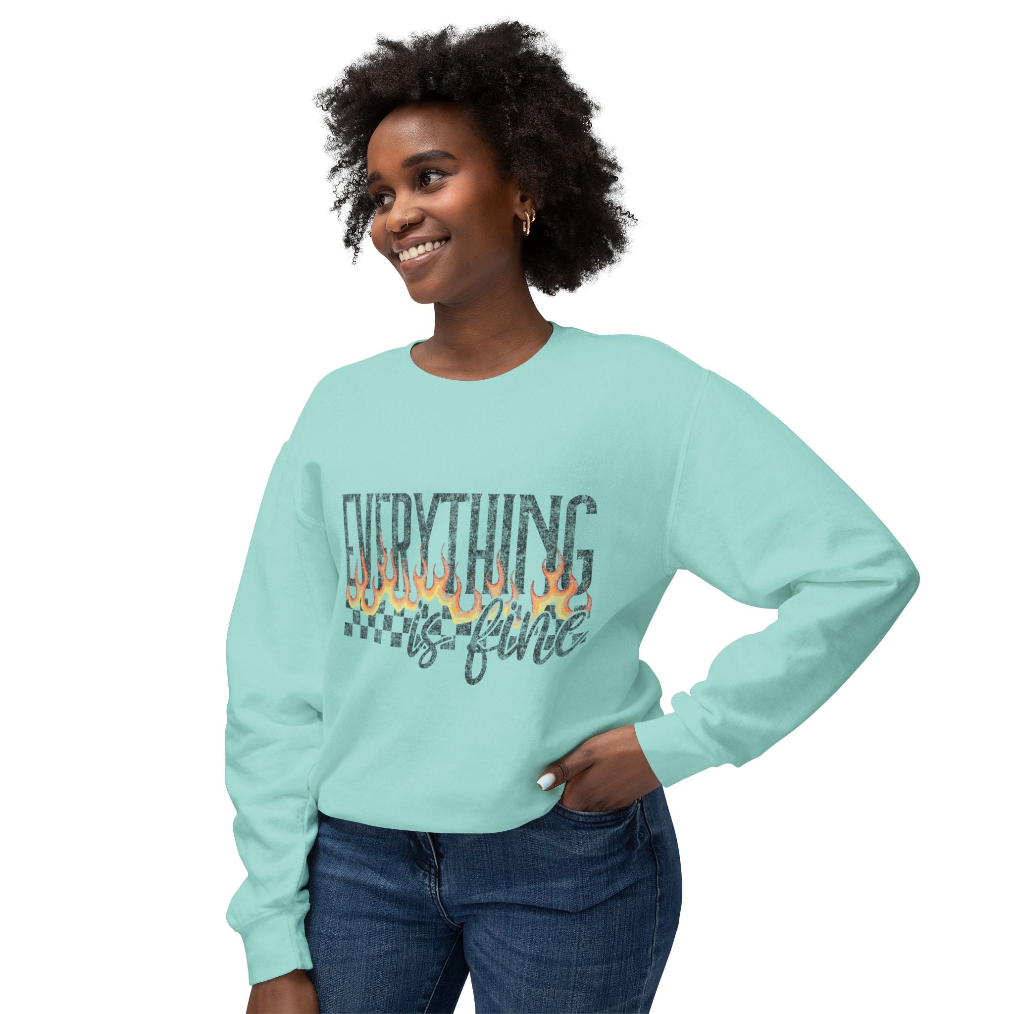 Everything Is Fine Crewneck Sweatshirt — Retro Flames & Checkered Graphic