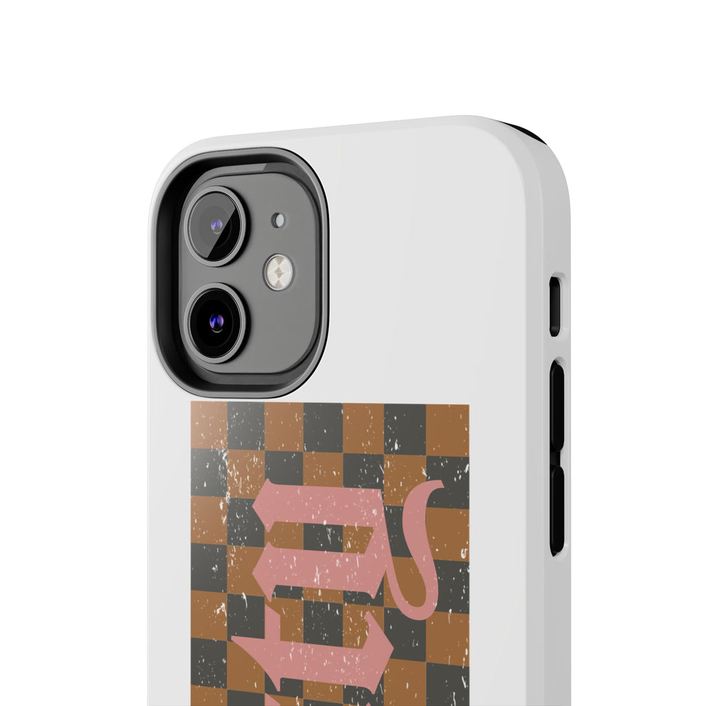 Checkerboard 'Tough' Retro Phone Case — Pink Gothic Text, Grunge Pattern