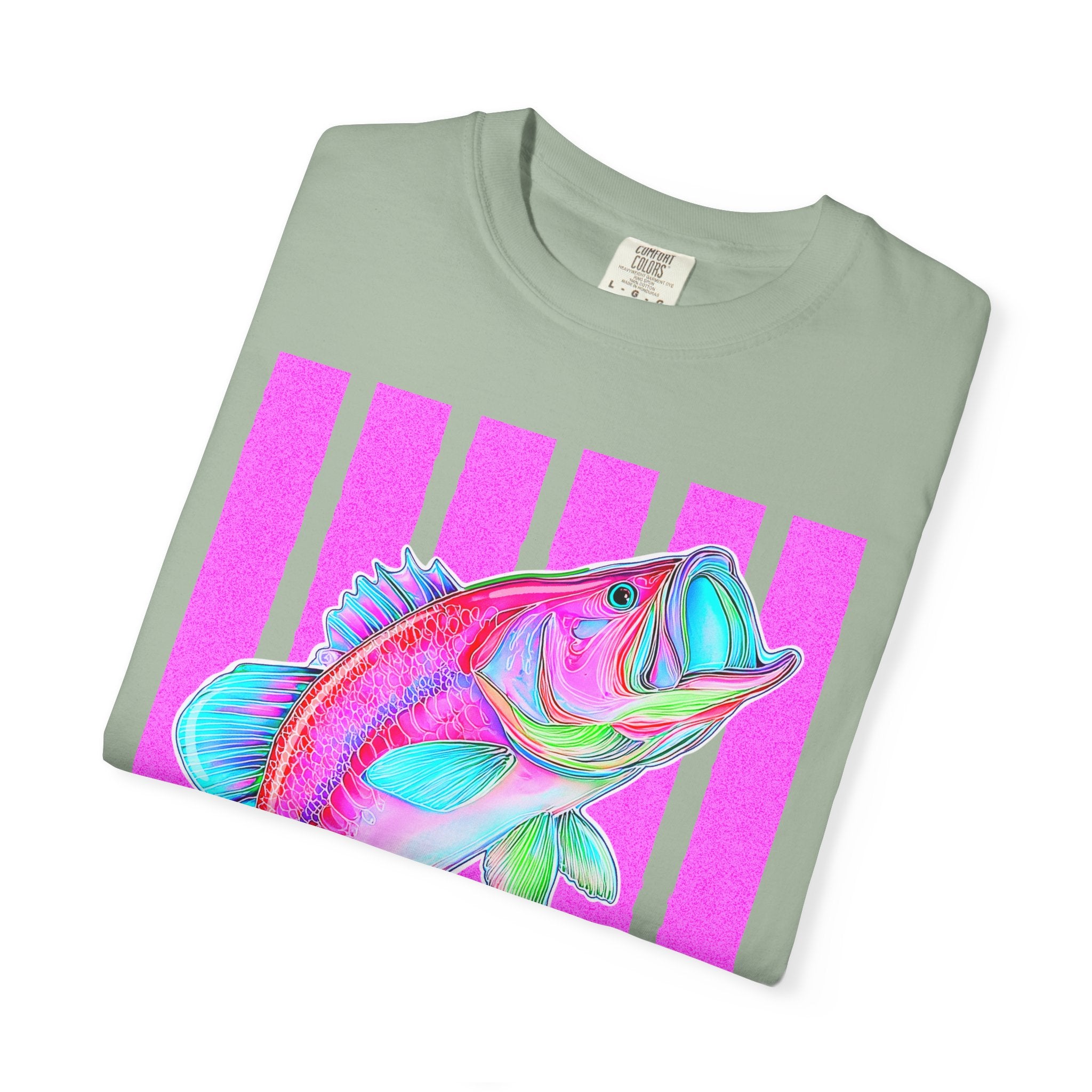 Neon Bass Fish T-Shirt — Retro Pink Stripe Fishing Tee