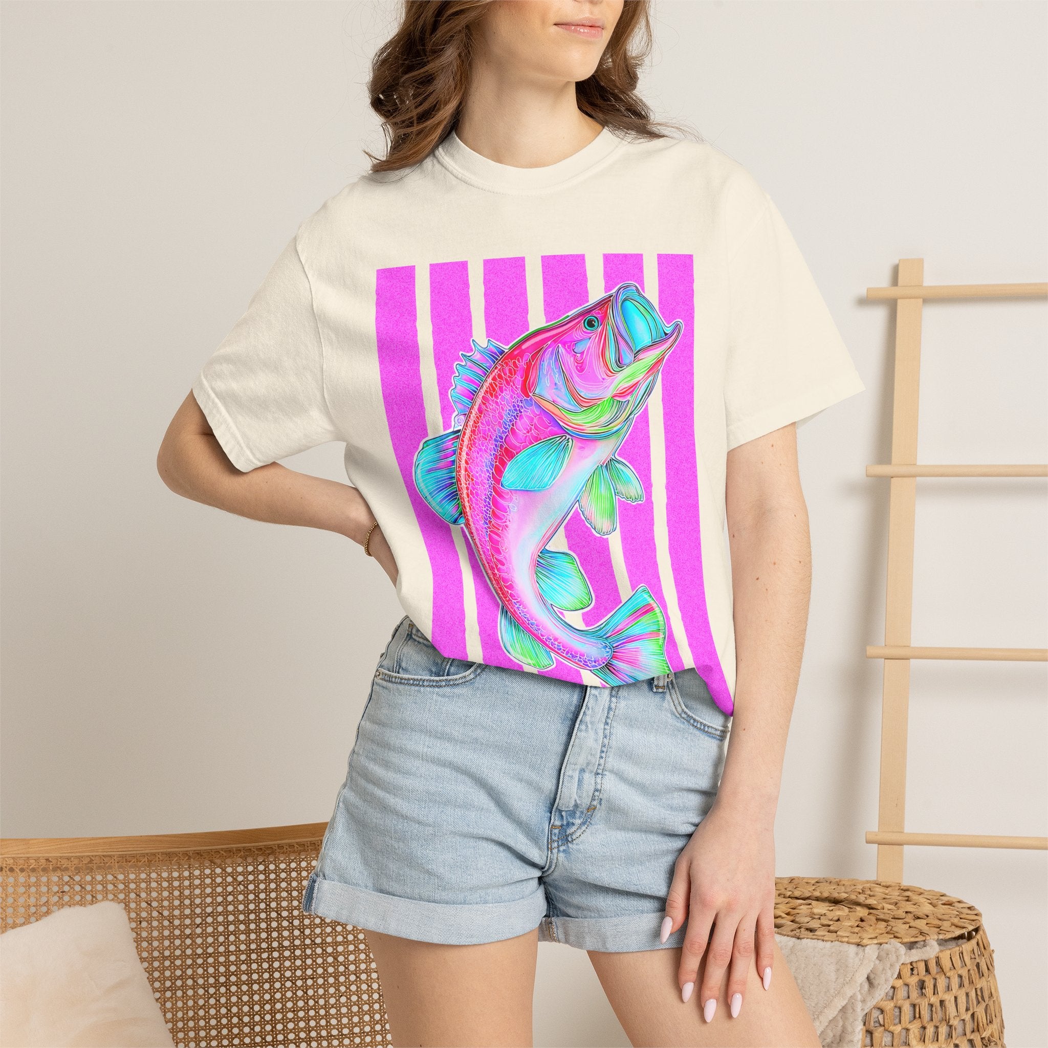 Neon Bass Fish T-Shirt — Retro Pink Stripe Fishing Tee