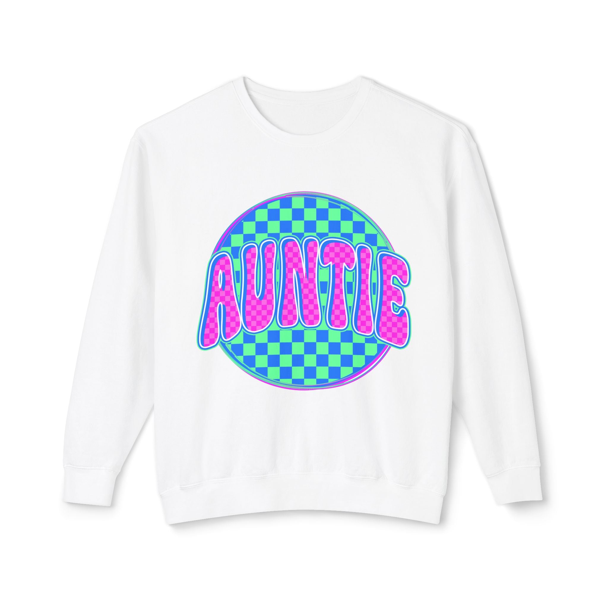 Auntie Graphic Sweatshirt — Retro Checkerboard Neon Design