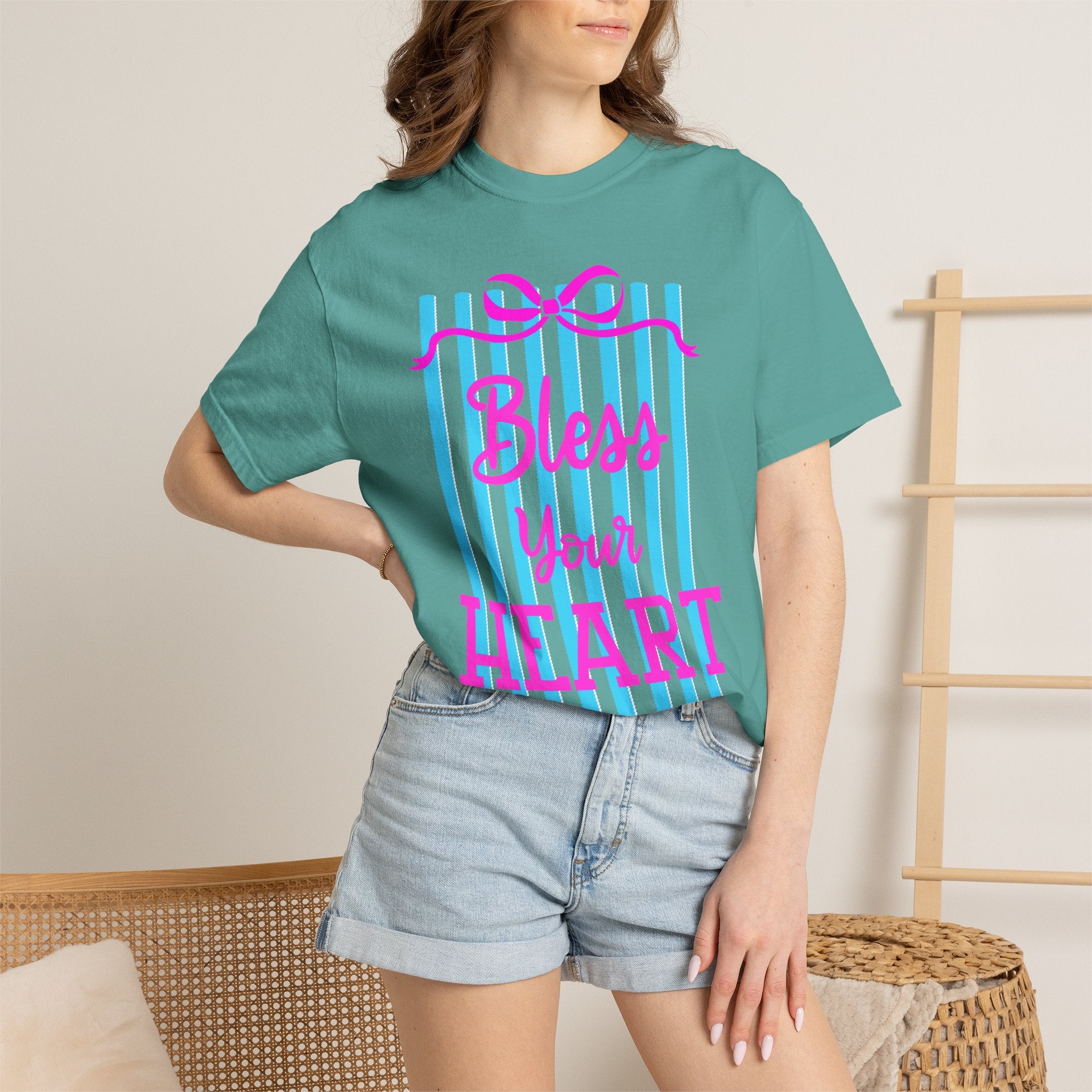 Bless Your Heart T-Shirt — Southern Phrase Graphic Tee (Pink & Blue Stripes)