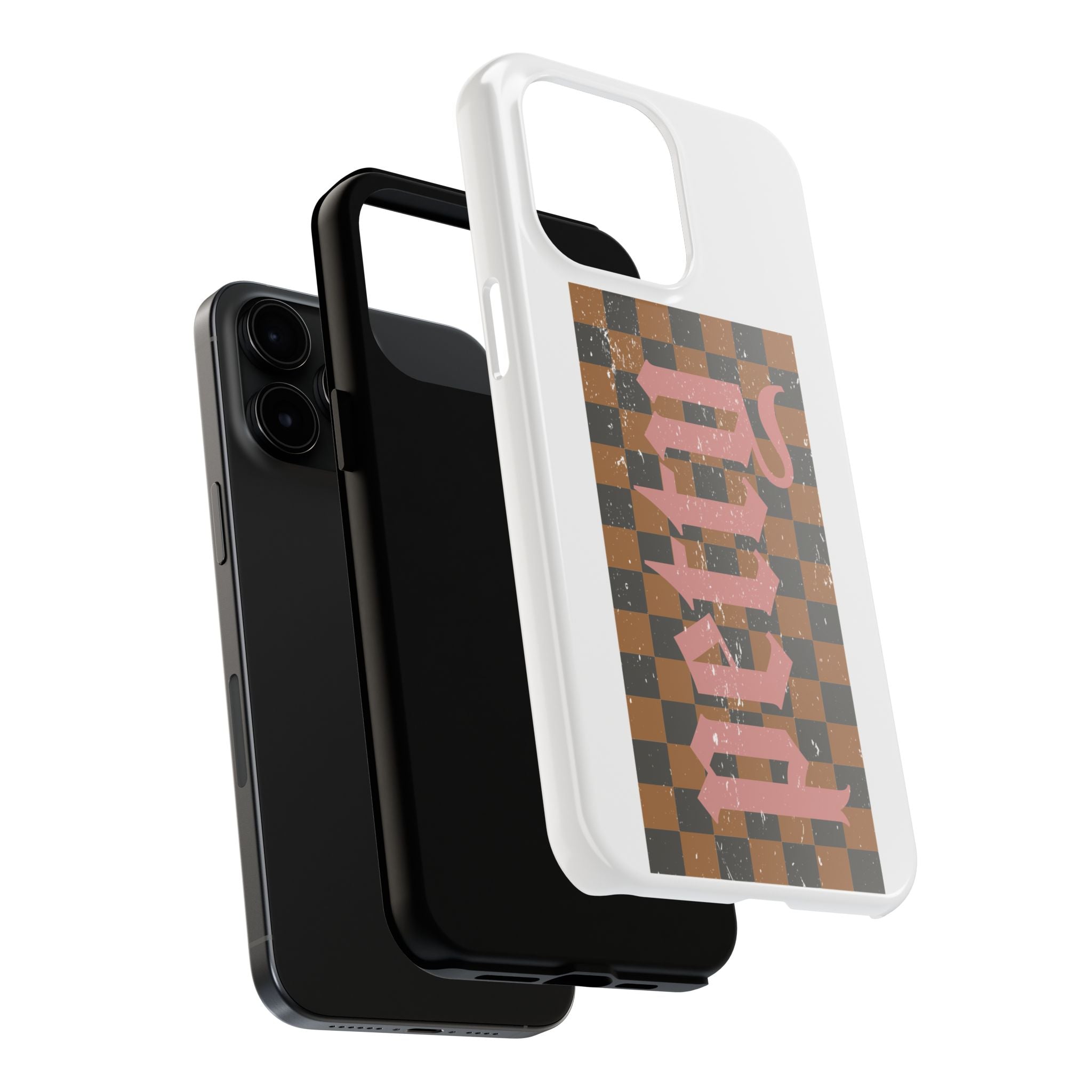Checkerboard 'Tough' Retro Phone Case — Pink Gothic Text, Grunge Pattern