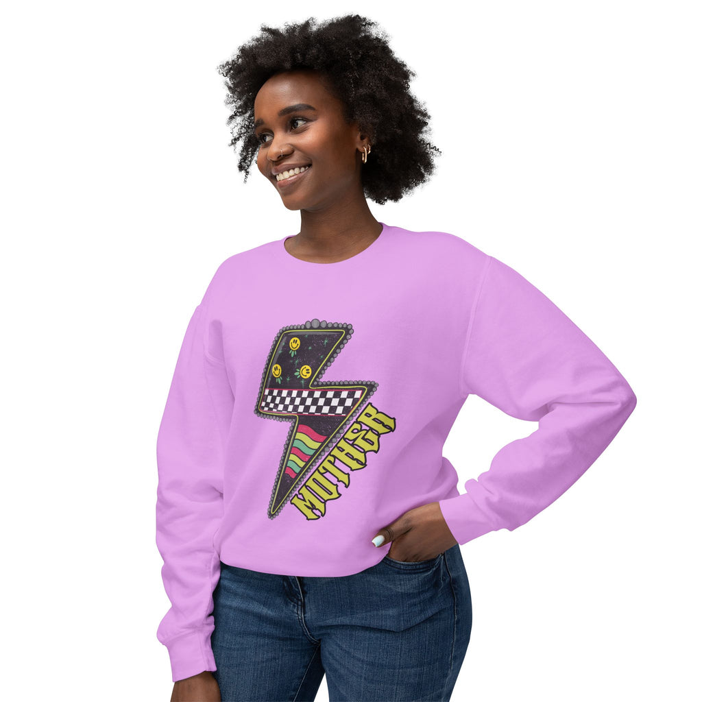 Lightning Bolt Graphic Sweatshirt — Retro Checkered & Neon Pattern Crewneck