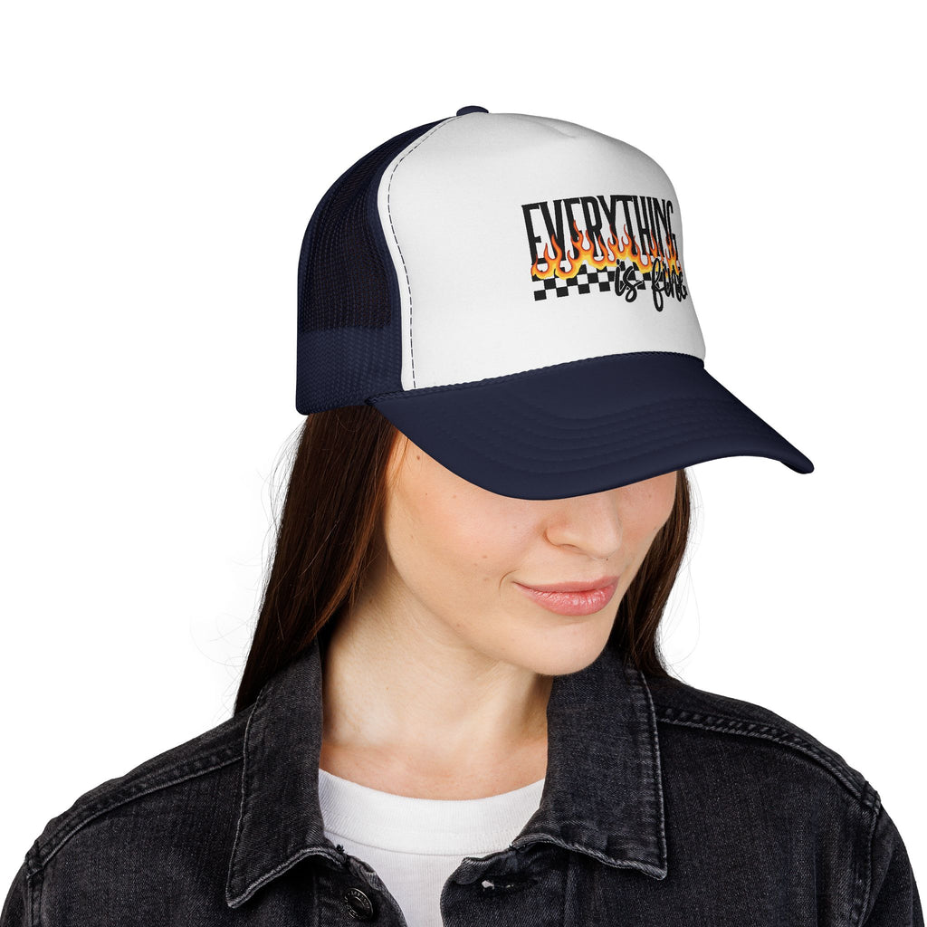 Everything Is Fine Trucker Cap — Retro Flames & Checkerboard Snapback