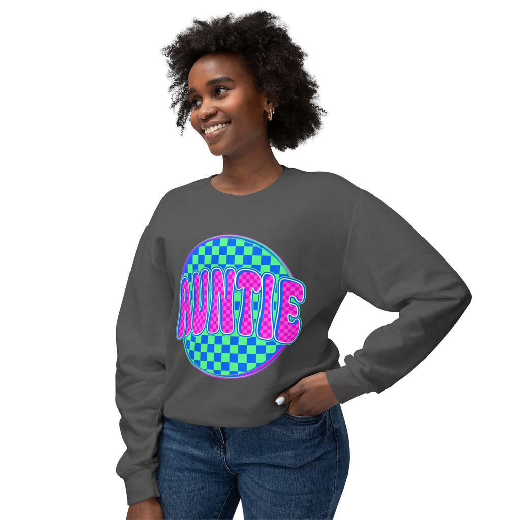 Auntie Graphic Sweatshirt — Retro Checkerboard Neon Design