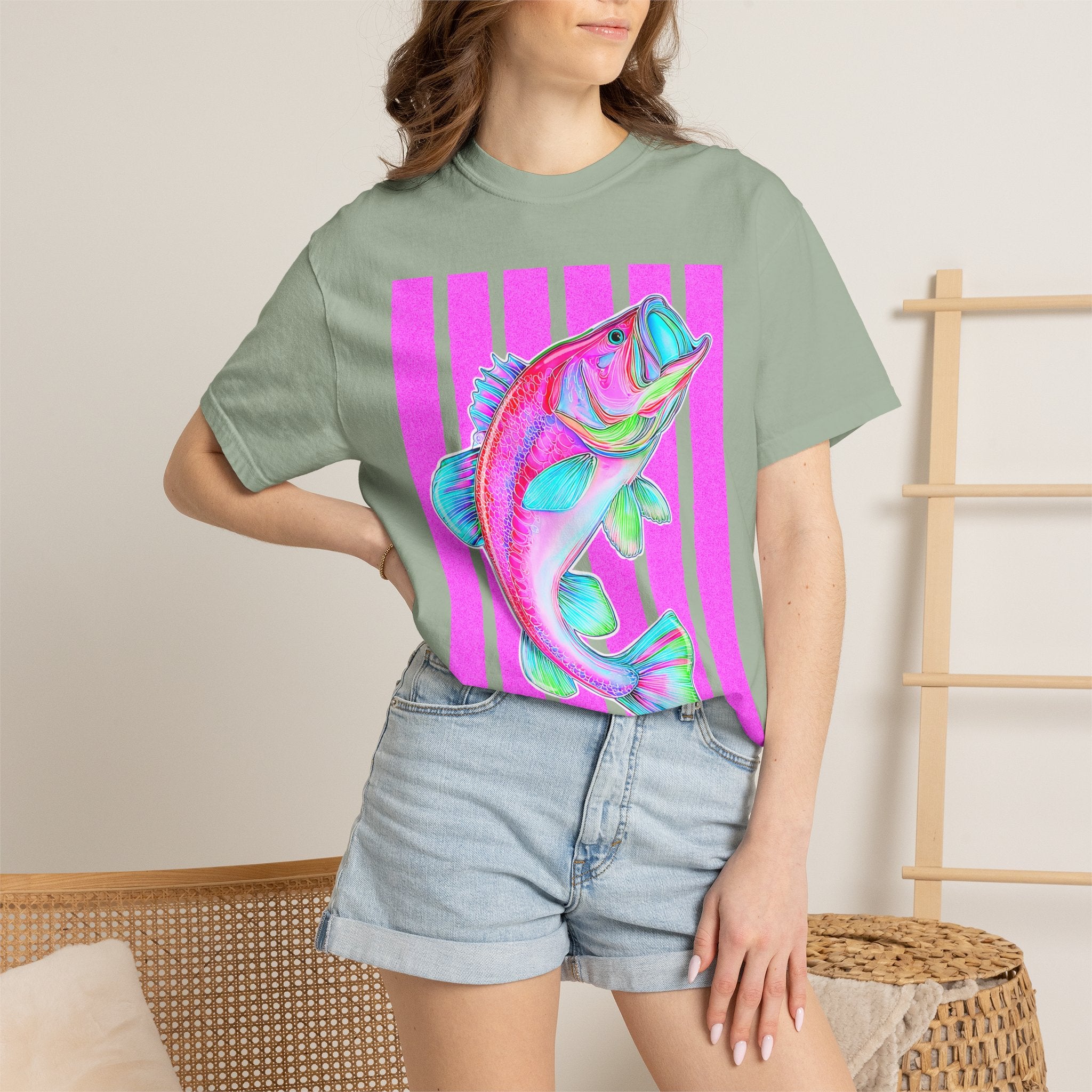 Neon Bass Fish T-Shirt — Retro Pink Stripe Fishing Tee