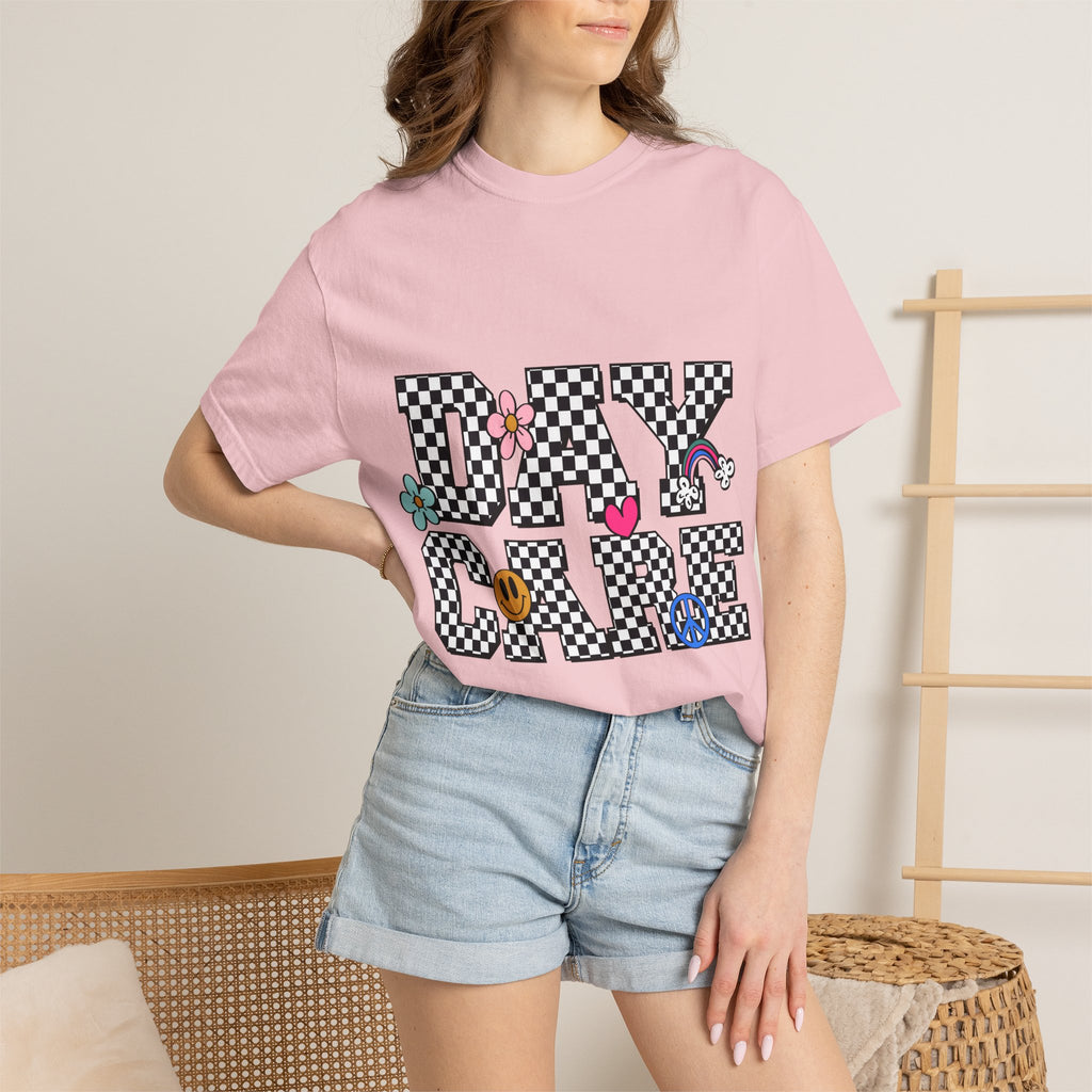 Day Care Checkerboard T‑Shirt — Playful Smiley & Floral Kids Graphic Tee