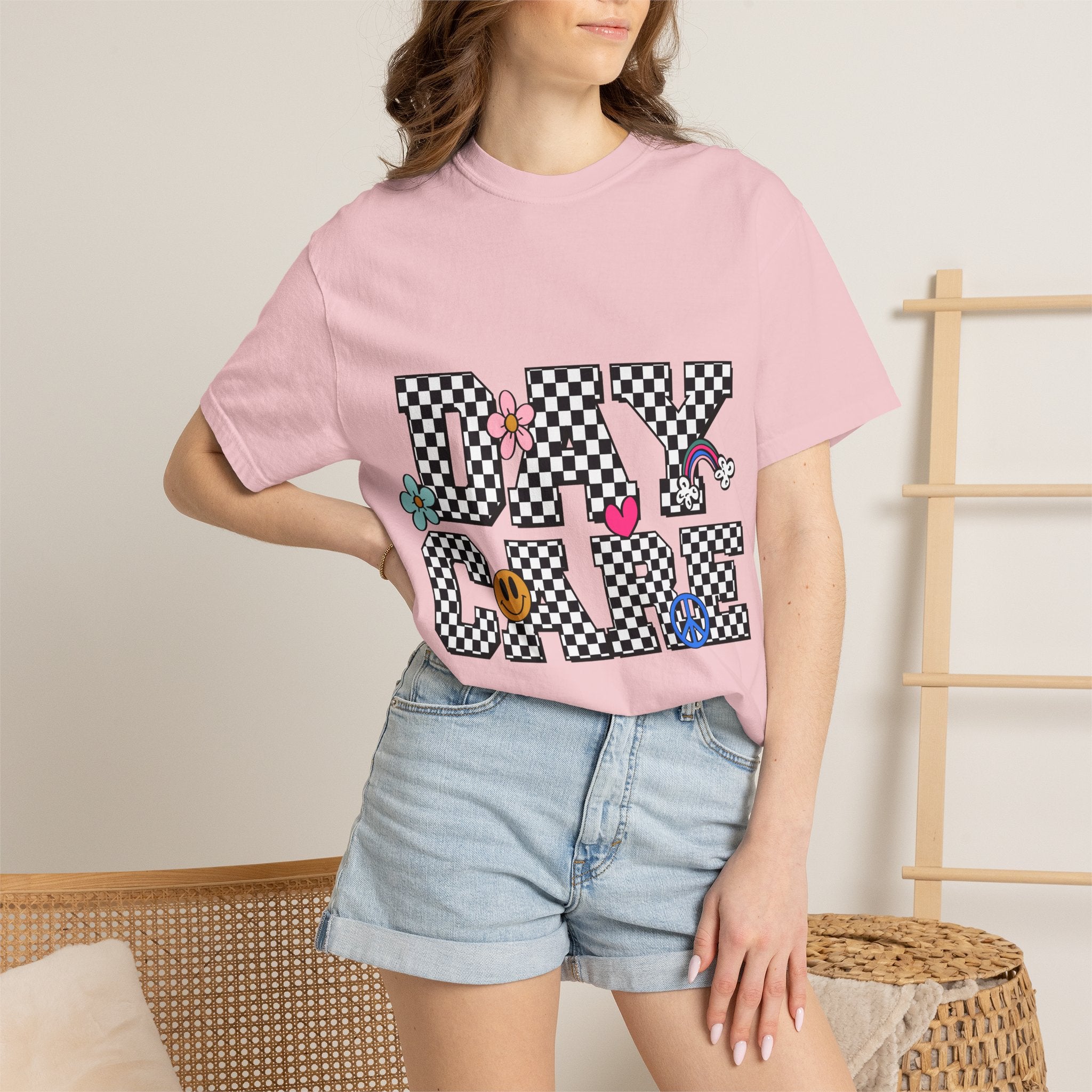 Day Care Checkerboard T‑Shirt — Playful Smiley & Floral Kids Graphic Tee