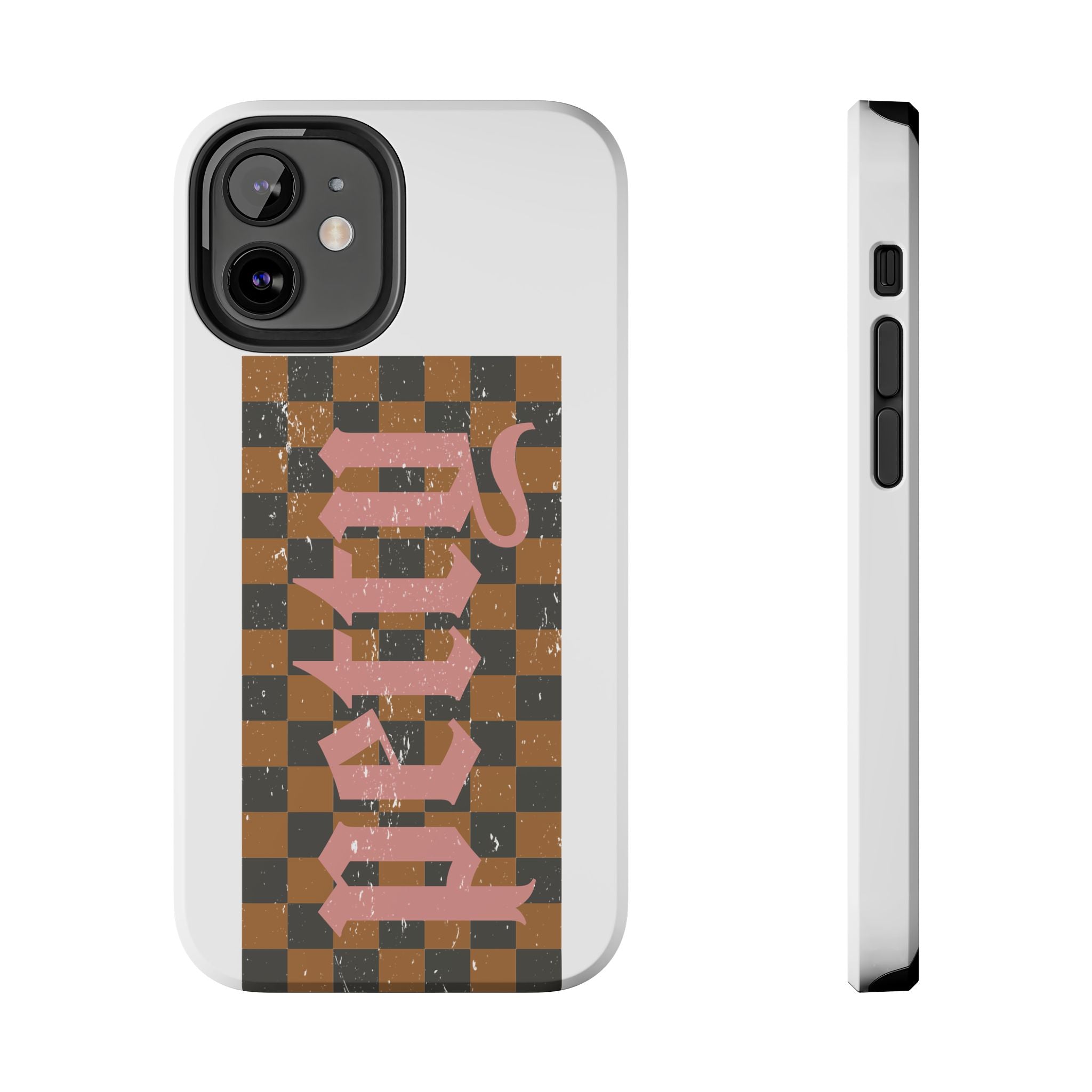 Checkerboard 'Tough' Retro Phone Case — Pink Gothic Text, Grunge Pattern