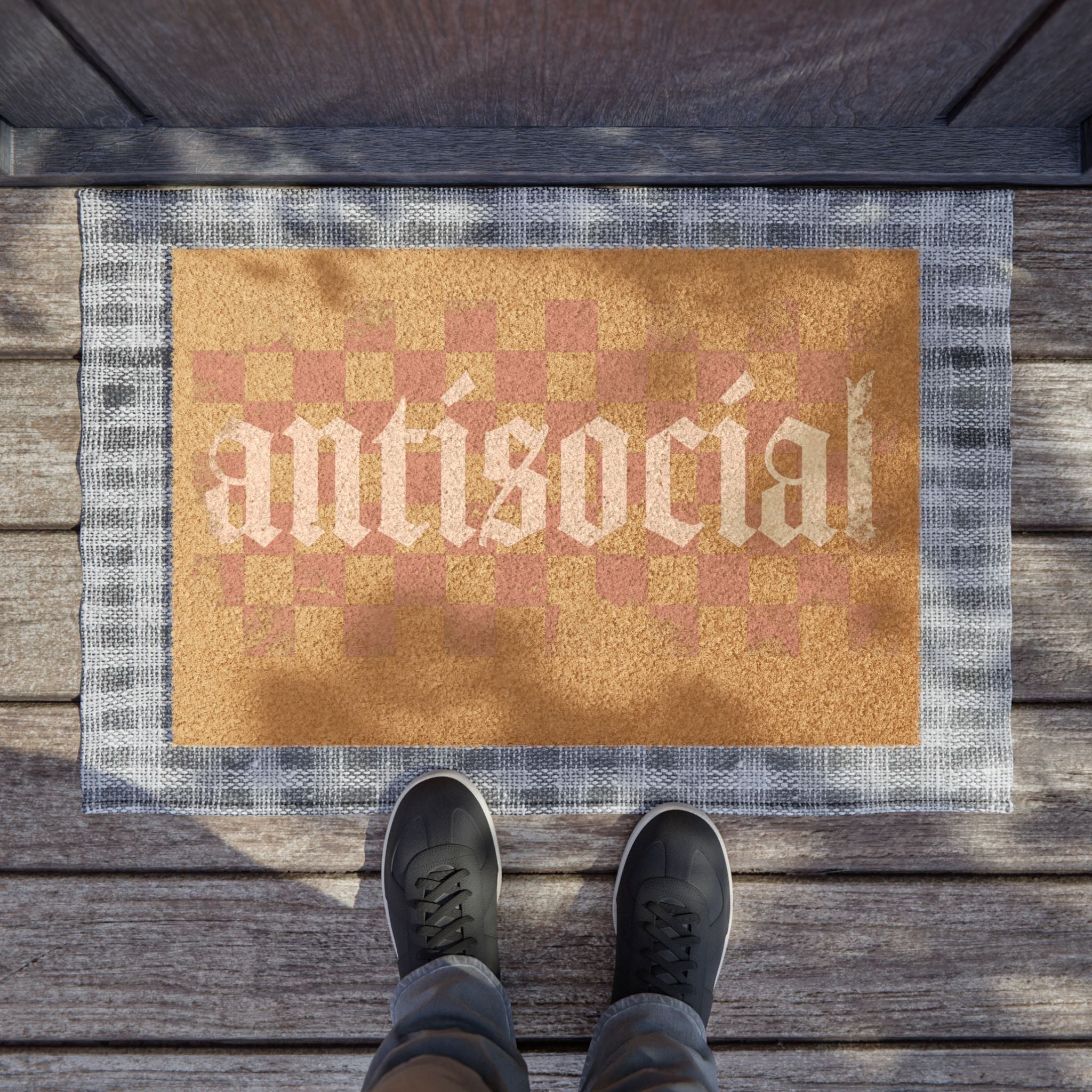 Antisocial Checkerboard Doormat — Funny Introvert Welcome Mat