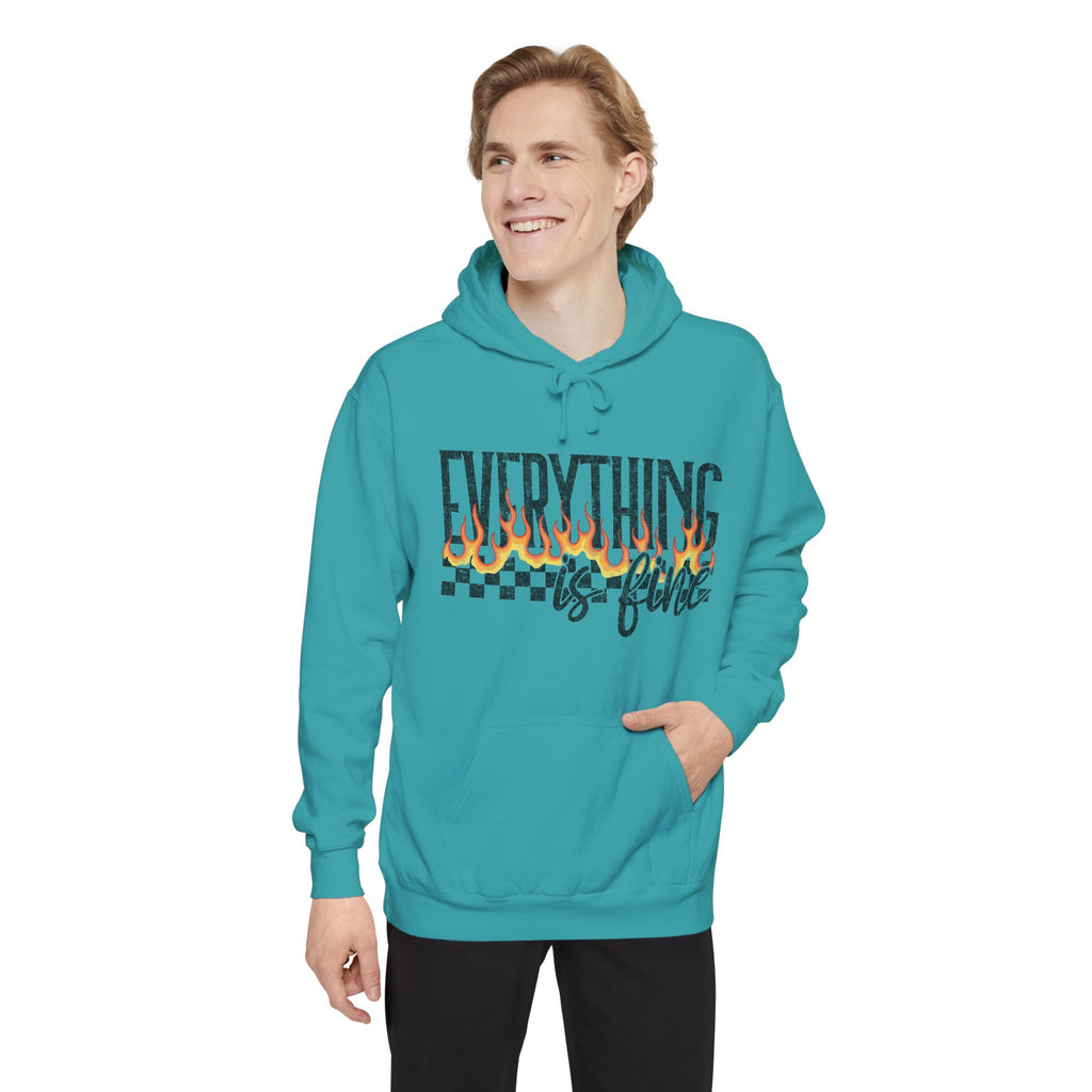 Everything Is Fine Hoodie — Retro Flame Checkerboard Graphic Pullover