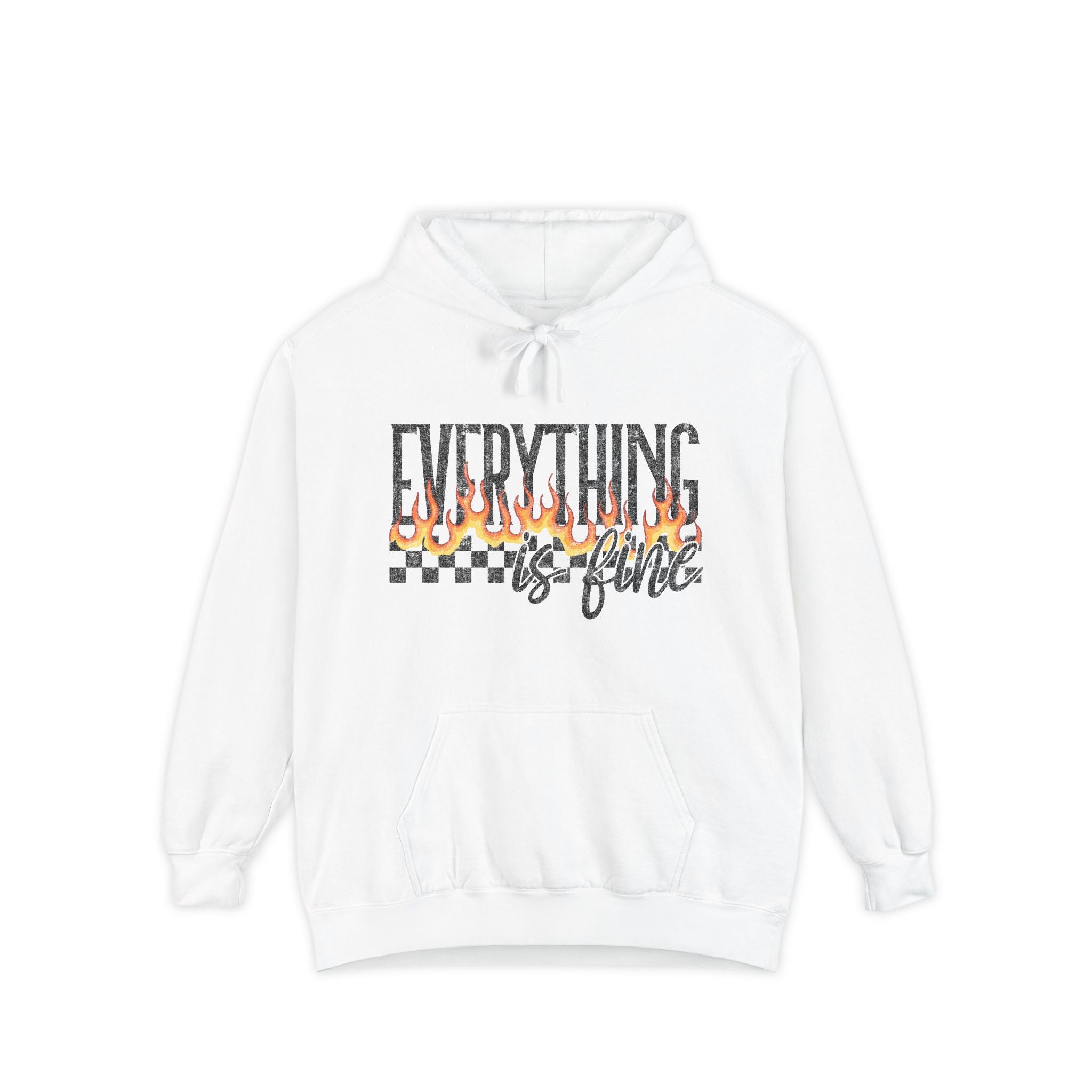 Everything Is Fine Hoodie — Retro Flame Checkerboard Graphic Pullover