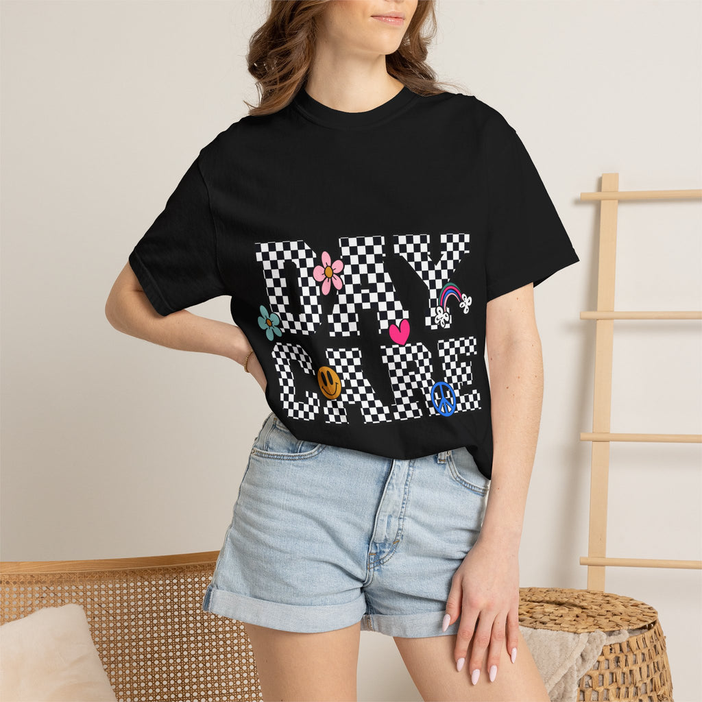Day Care Checkerboard T‑Shirt — Playful Smiley & Floral Kids Graphic Tee