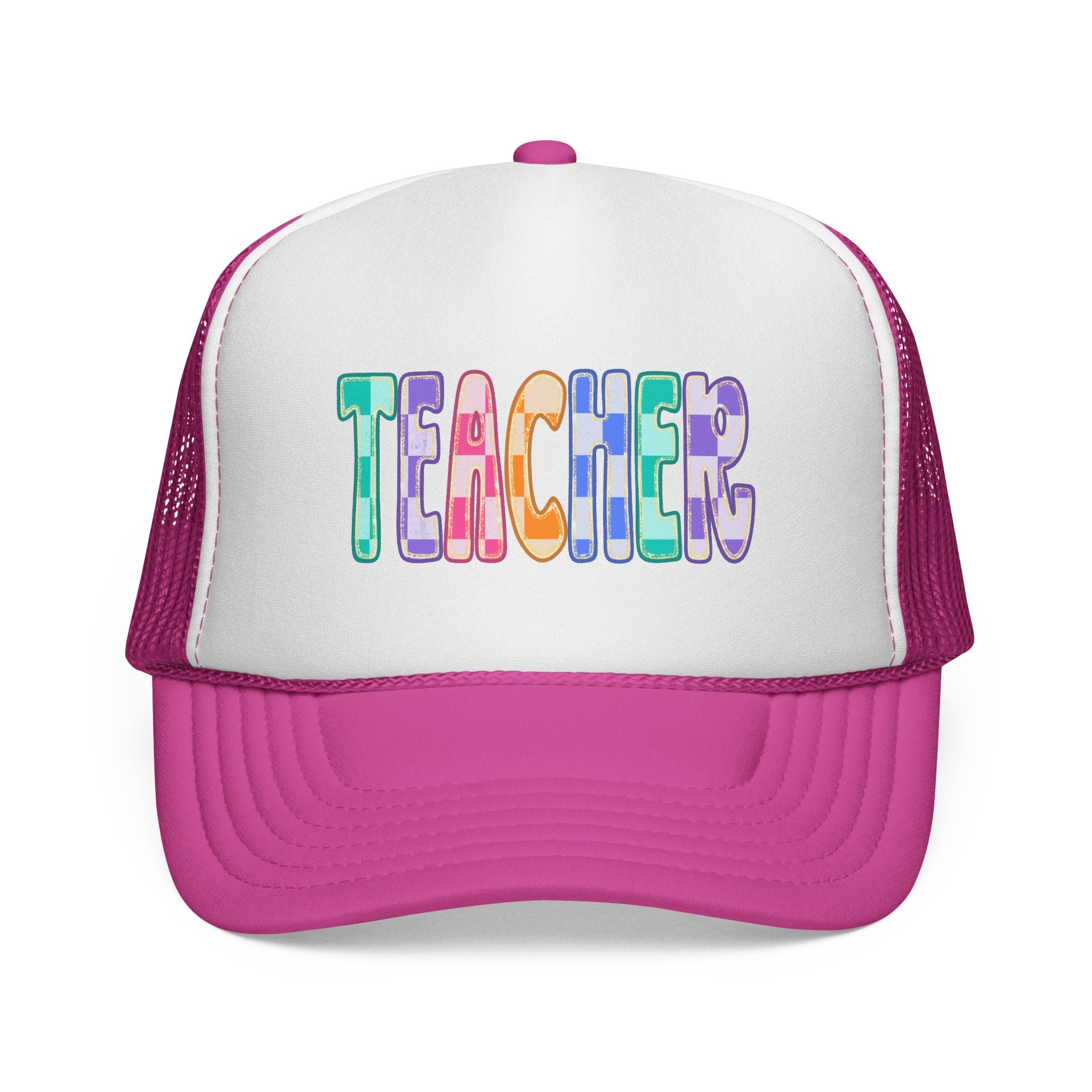Teacher Trucker Hat — Colorful Patchwork Educator Cap