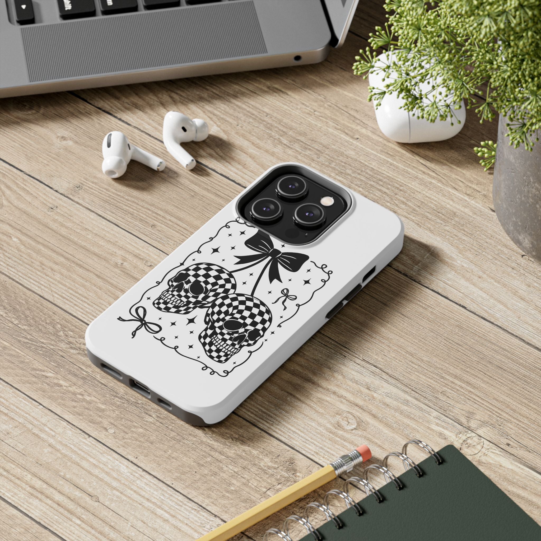 Skull Bow Phone Case - Checkerboard Gothic Tough Phone Case