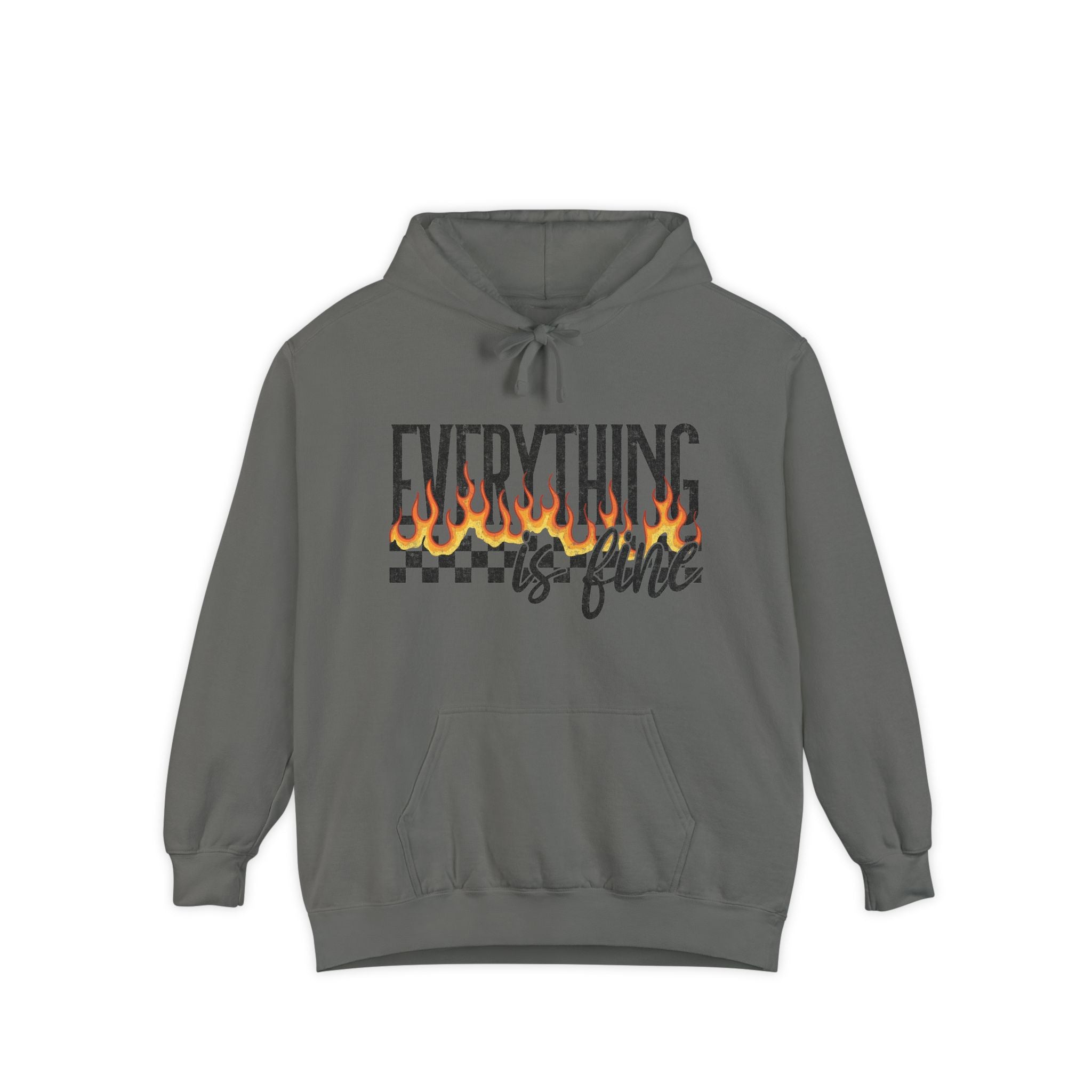 Everything Is Fine Hoodie — Retro Flame Checkerboard Graphic Pullover