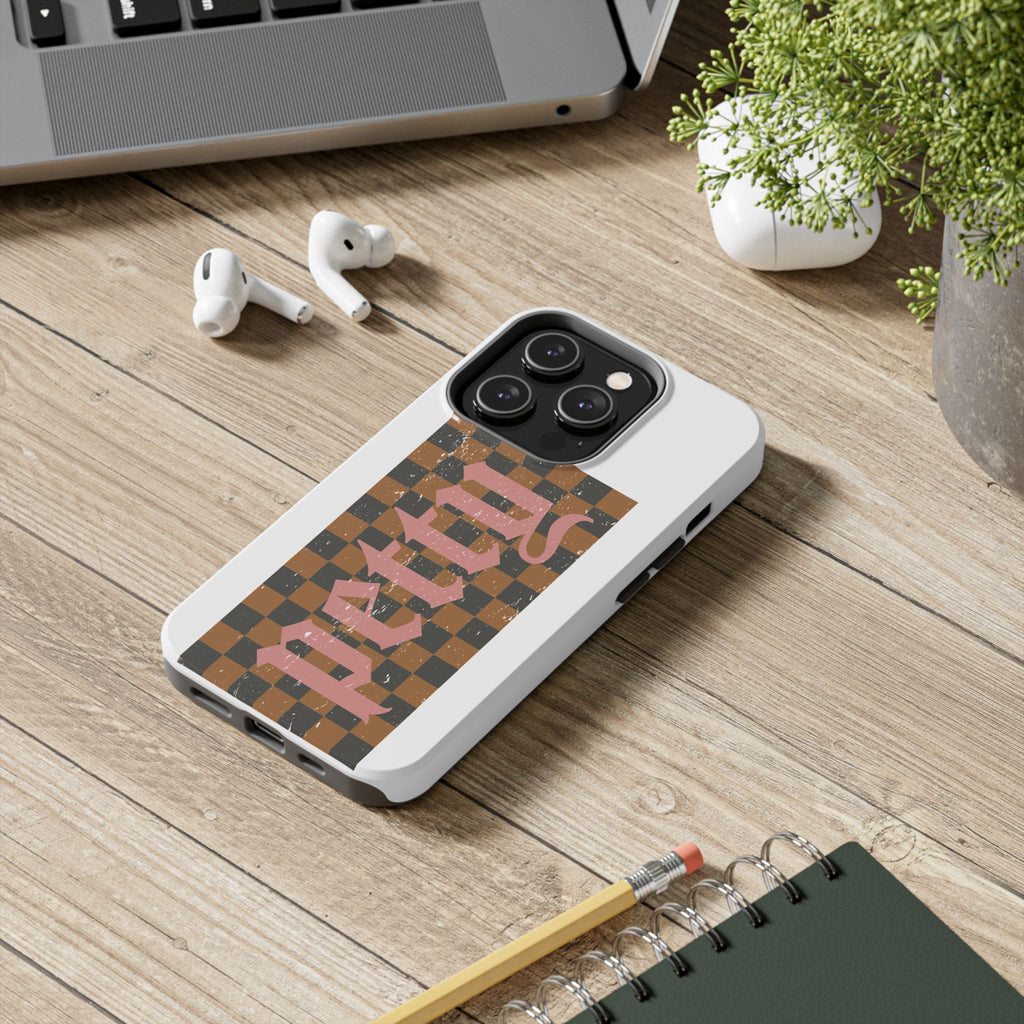 Checkerboard 'Tough' Retro Phone Case — Pink Gothic Text, Grunge Pattern