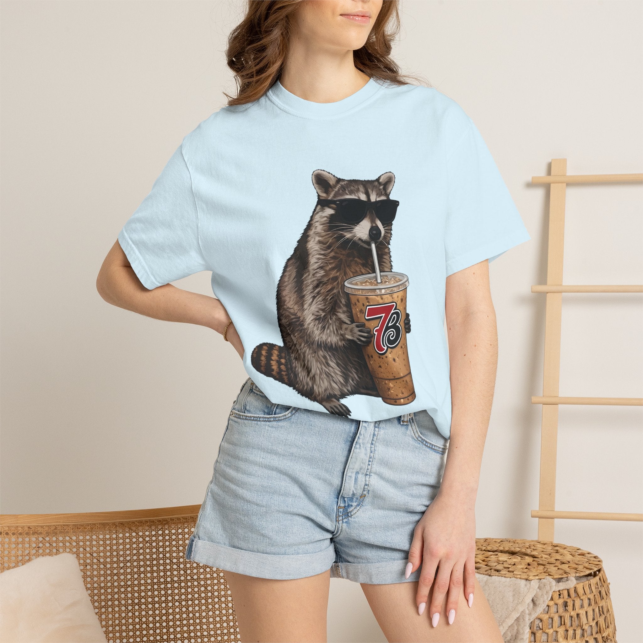 Raccoon Iced Coffee T-Shirt — Cute Raccoon Drinking 76oz Iced Coffee Graphic Tee
