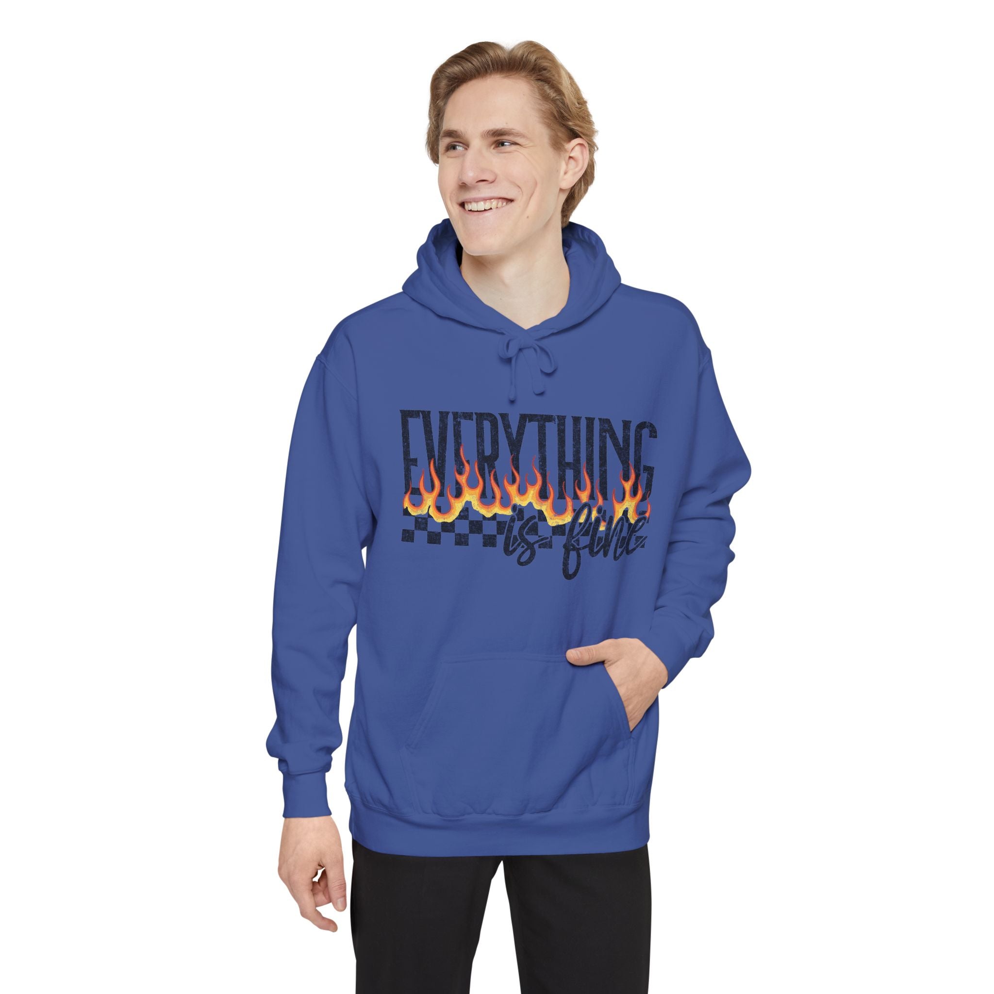 Everything Is Fine Hoodie — Retro Flame Checkerboard Graphic Pullover