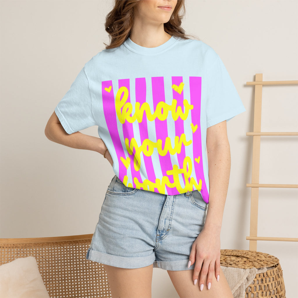 Know Your Worth T-Shirt — Bright Pink Stripe Motivational Tee