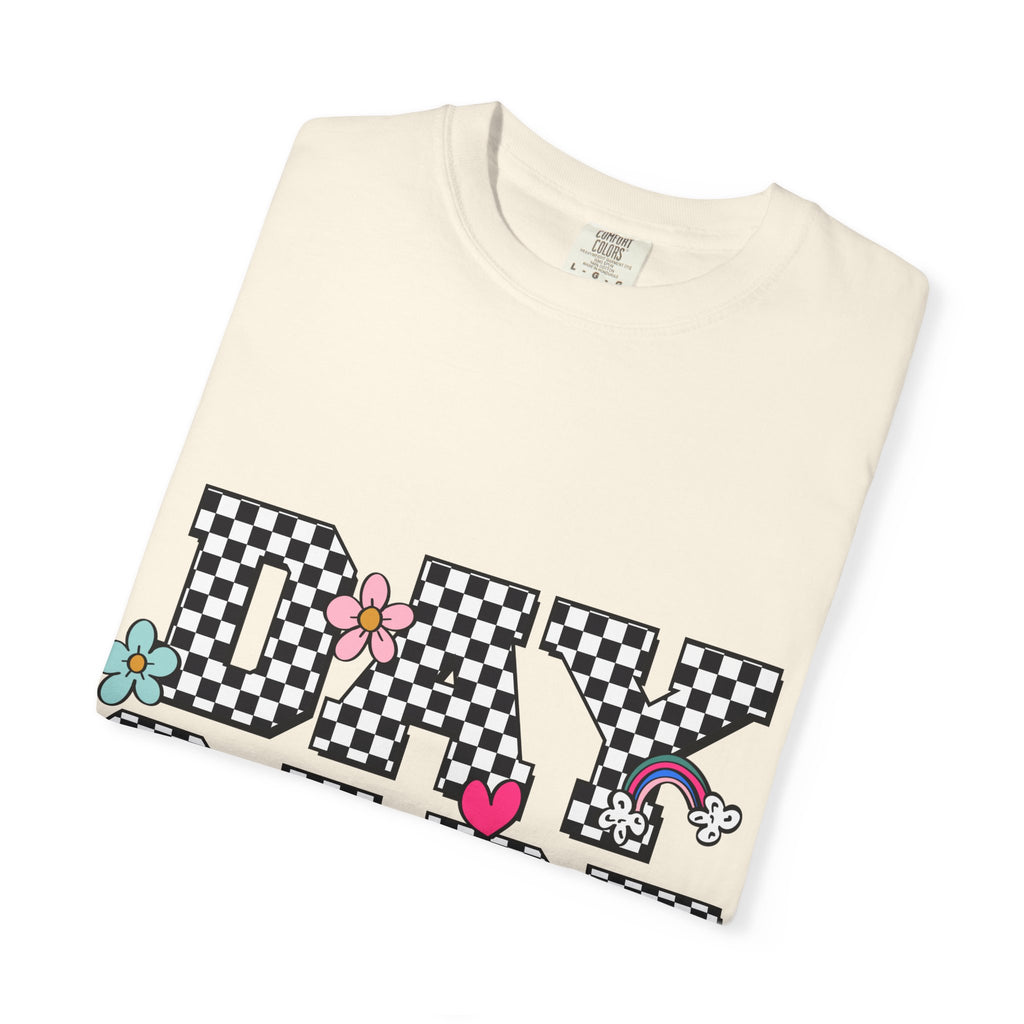 Day Care Checkerboard T‑Shirt — Playful Smiley & Floral Kids Graphic Tee